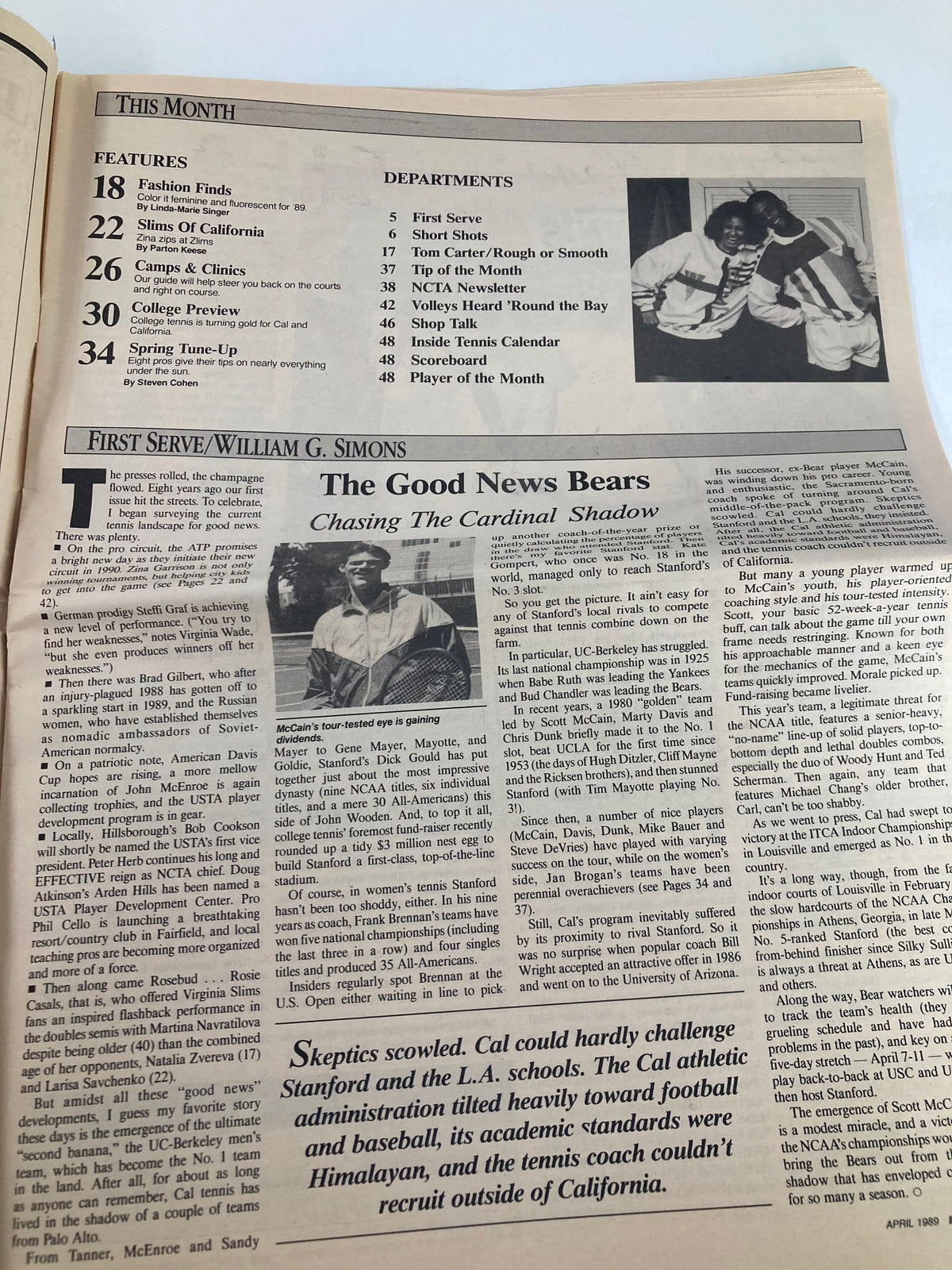 Table of contents and features page from VTG Inside Tennis Magazine April 1989, detailing articles including 'Slims of California' and 'Fashion Finds'.
