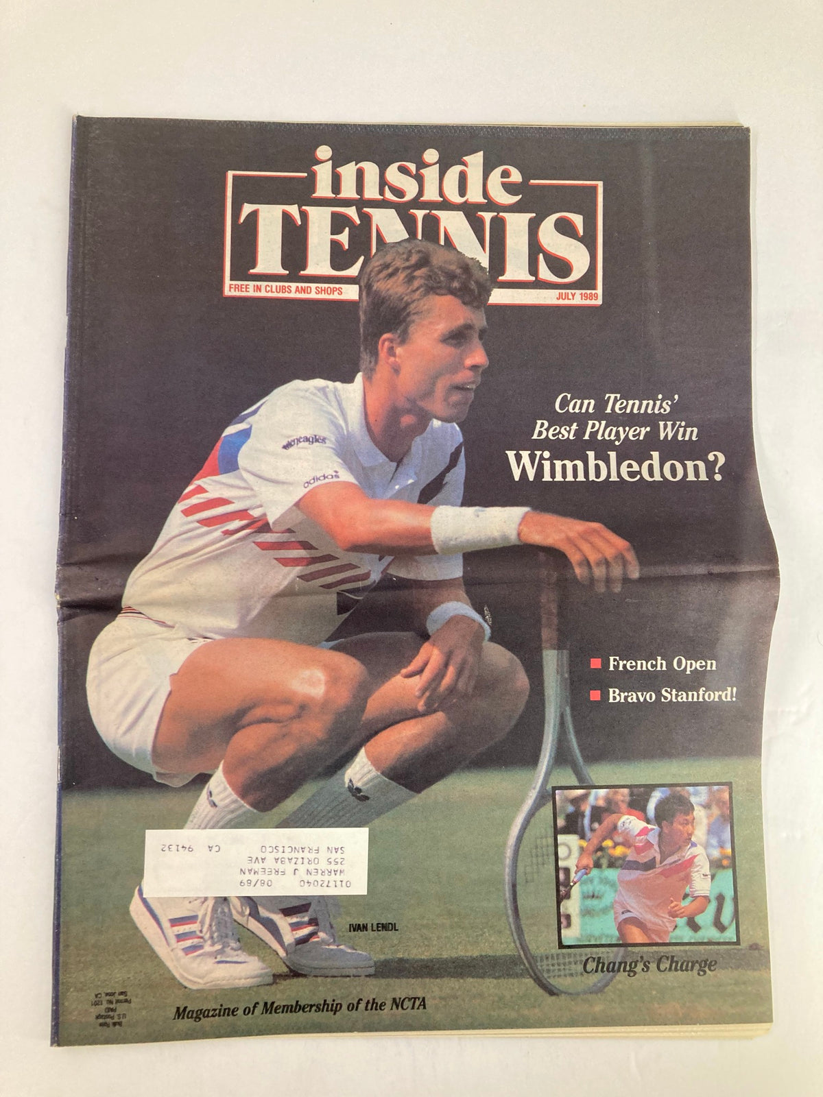 Cover of Inside Tennis Magazine July 1989 featuring Ivan Lendl with the title, 'Can Tennis' Best Player Win Wimbledon?'. The front image showcases Lendl in action as he poses with a racket, highlighting his iconic style.