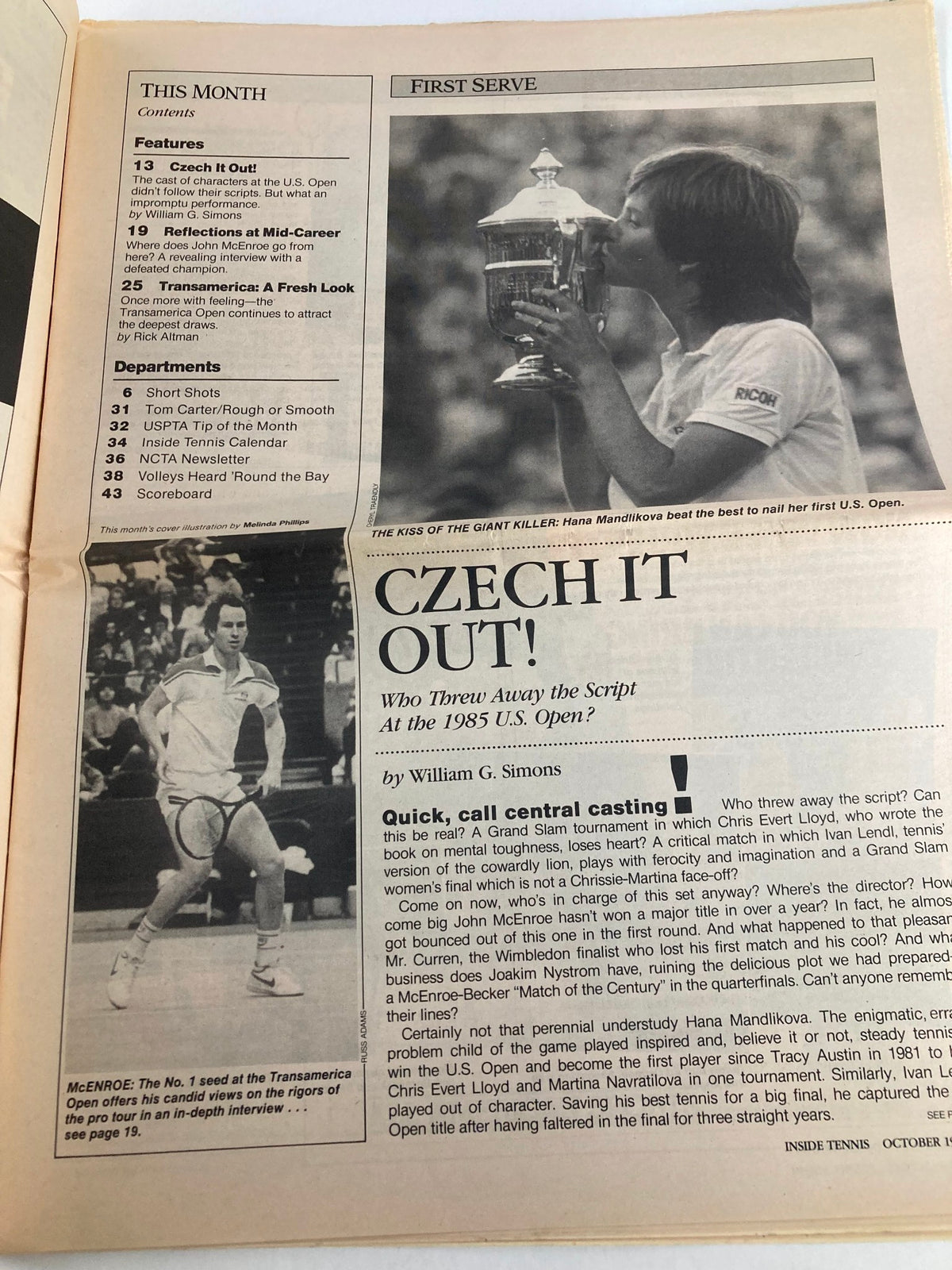Contents page of the VTG Inside Tennis Magazine October 1985, including features like 'Czech It Out!' and highlights from the U.S. Open, alongside an illustration of a tennis player.