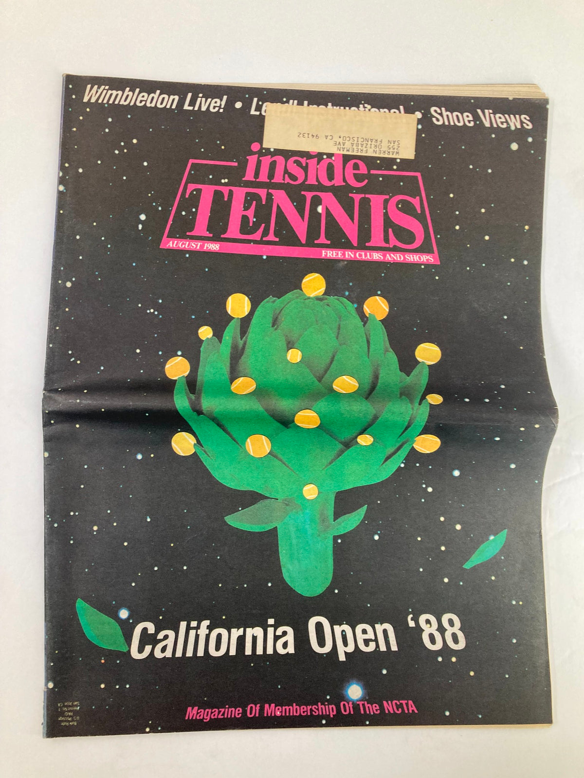 Cover of VTG Inside Tennis Magazine August 1988 featuring California Open '88 and Wimbledon Live, showcasing an artistic design with a green flower and yellow embellishments against a black background.