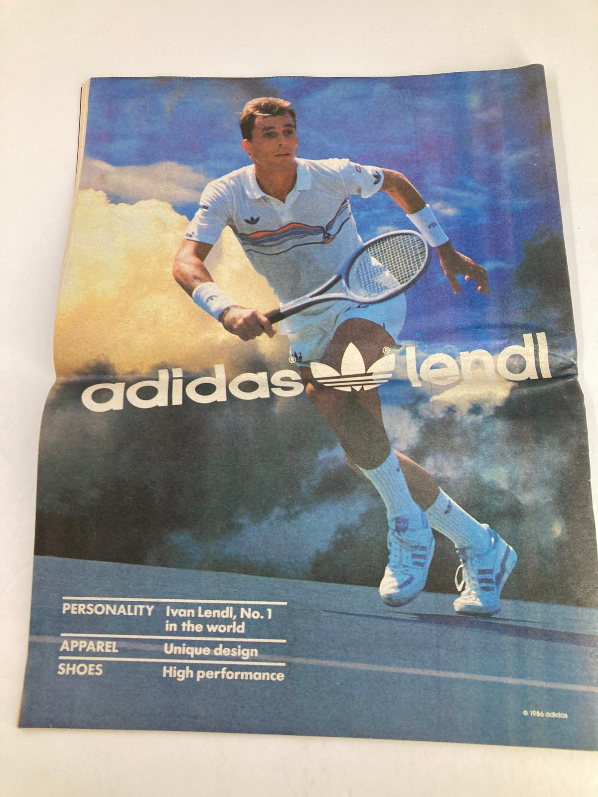 Advertisement from VTG Inside Tennis Magazine August 1988 featuring tennis star Ivan Lendl, highlighting Adidas apparel and shoes with a dynamic image of Lendl in action.
