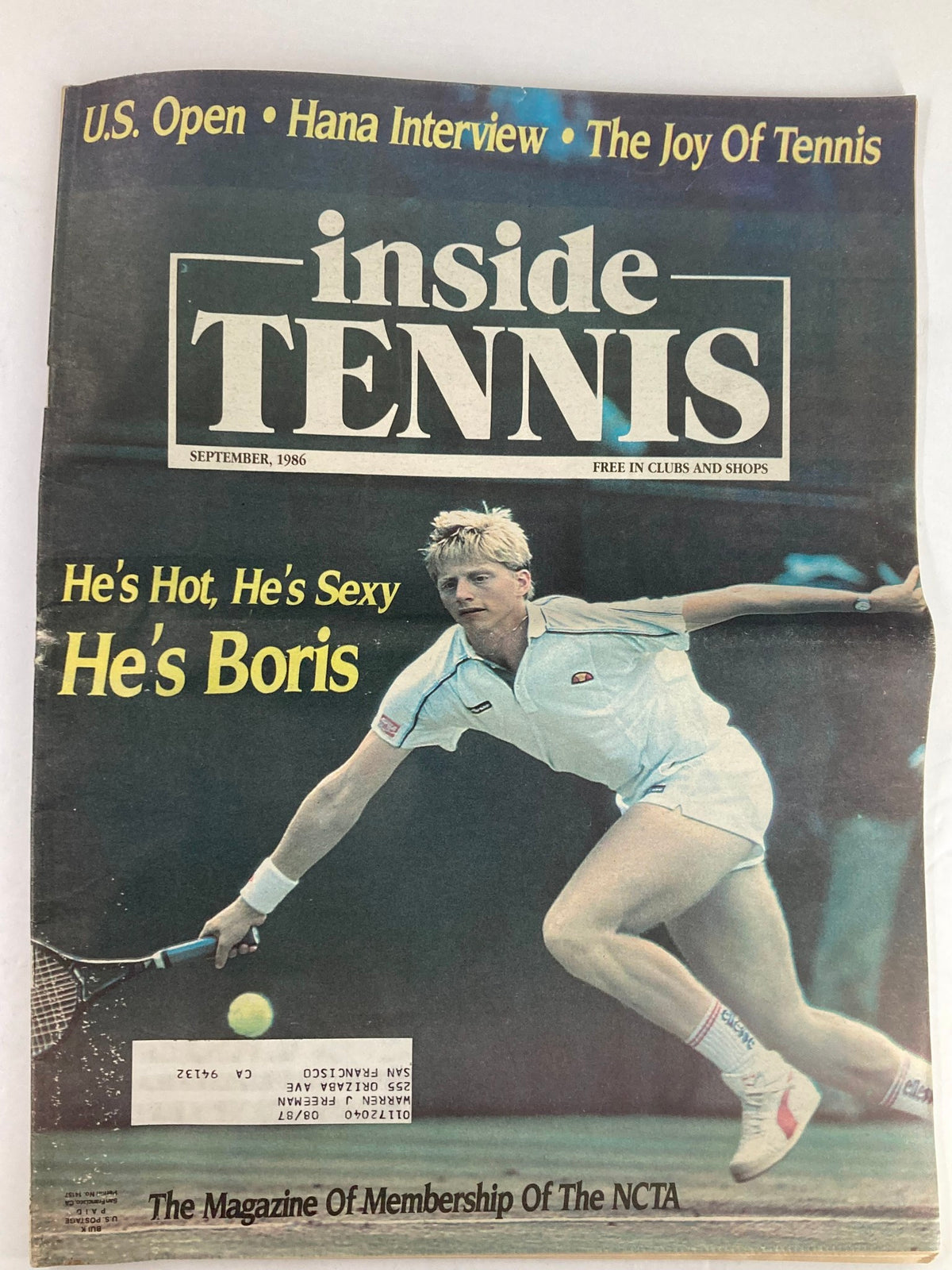 Cover of Inside Tennis Magazine from September 1986 featuring Boris Becker, showcasing his charm and athleticism with the headline 'He's Hot, He's Sexy.'
