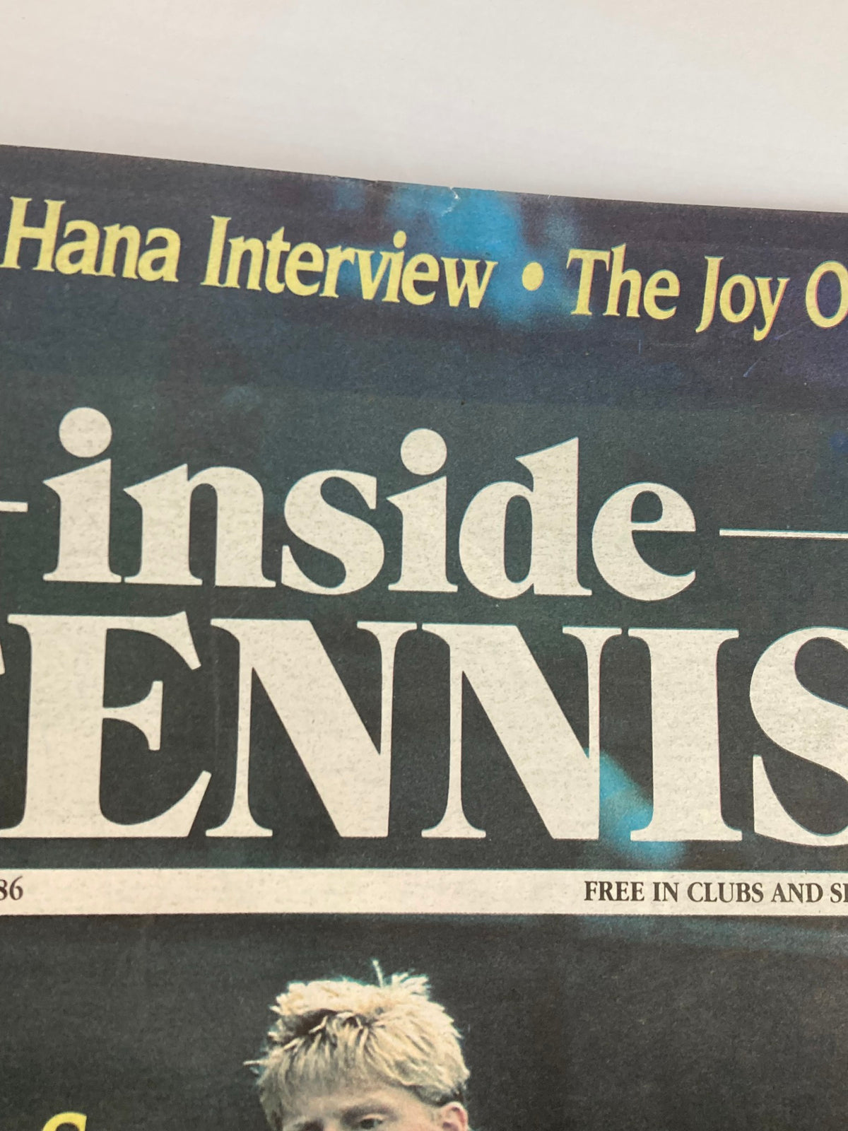 A close-up of the header of Inside Tennis Magazine from September 1986, highlighting the magazine title and mentions of interviews such as 'Hana Interview' and 'The Joy Of Tennis.'
