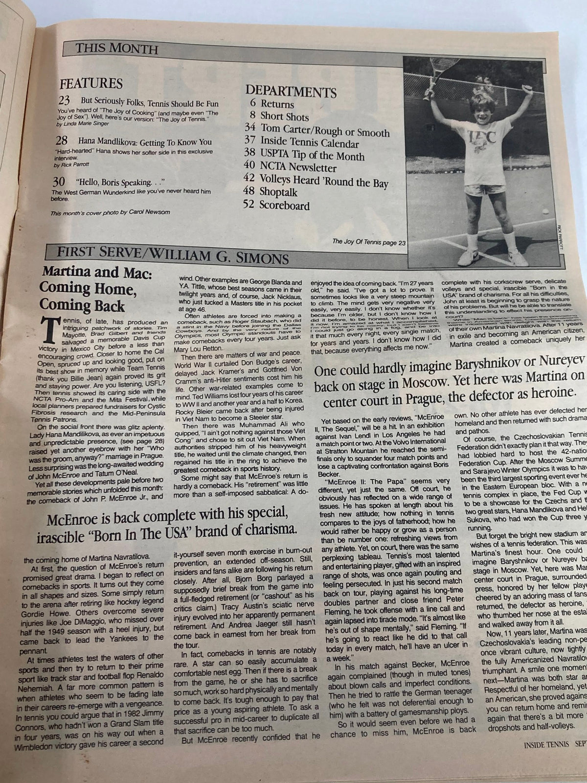 Inside Tennis Magazine September 1986 featuring Boris Becker on the cover, showcasing articles on tennis culture and highlights from that era.