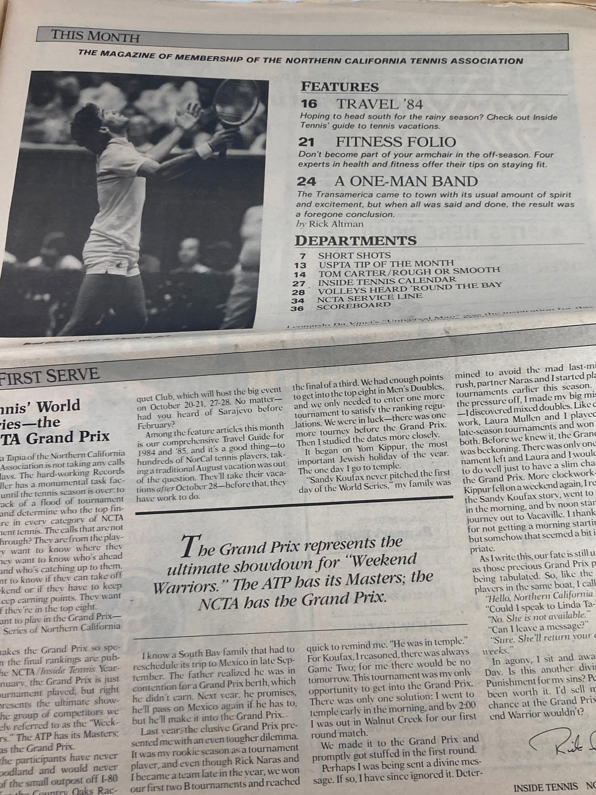 Inside page of Inside Tennis Magazine November 1984 displaying various articles and features including a segment on travel within the tennis community.