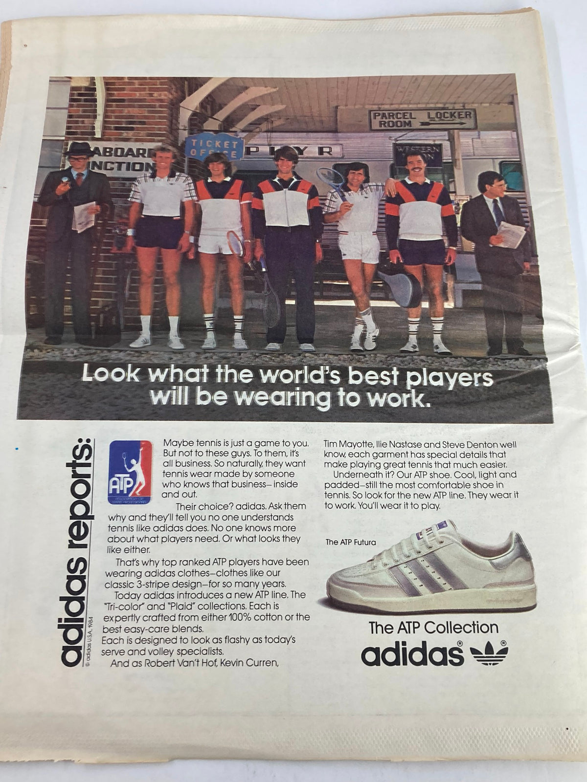 Inside Tennis Magazine November 1984 advertisement featuring the latest adidas tennis apparel worn by top players, showcasing styles and promoting the ATP Collection gear.