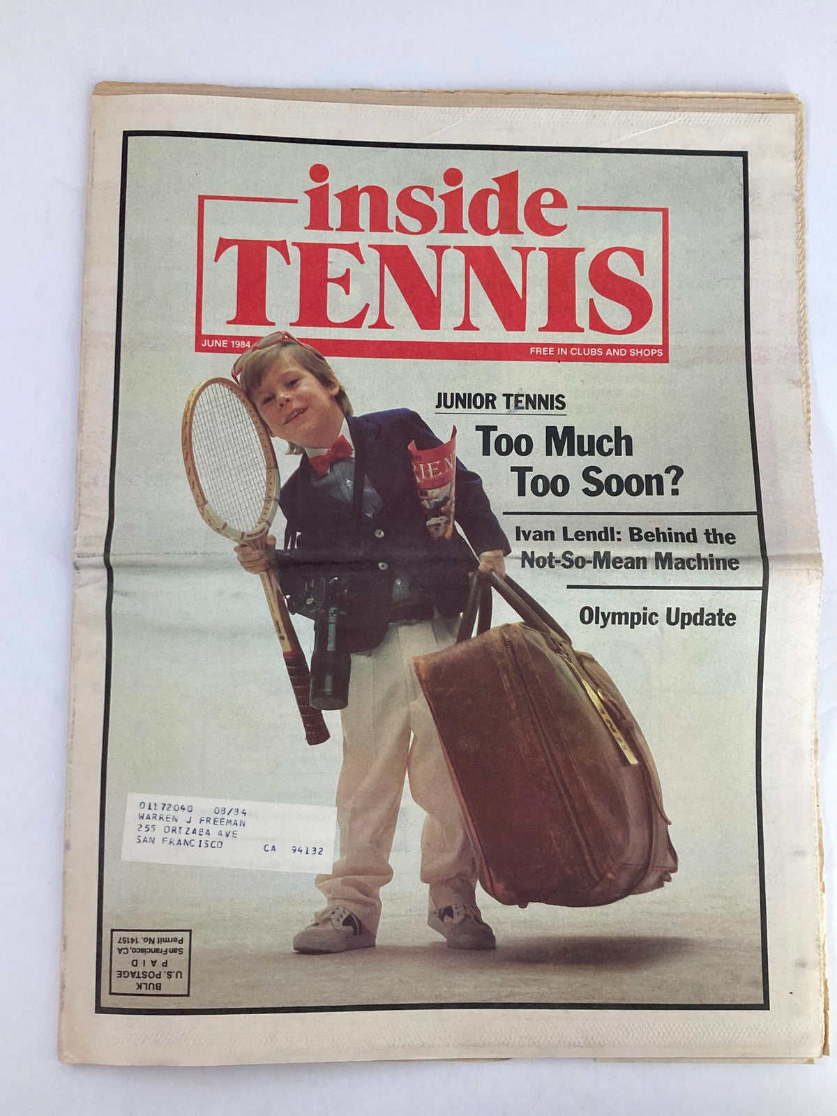 Cover of Inside Tennis Magazine June 1984 featuring a young boy with a tennis racket and suitcase, headlining Ivan Lendl Behind the Not-So-Mean Machine.