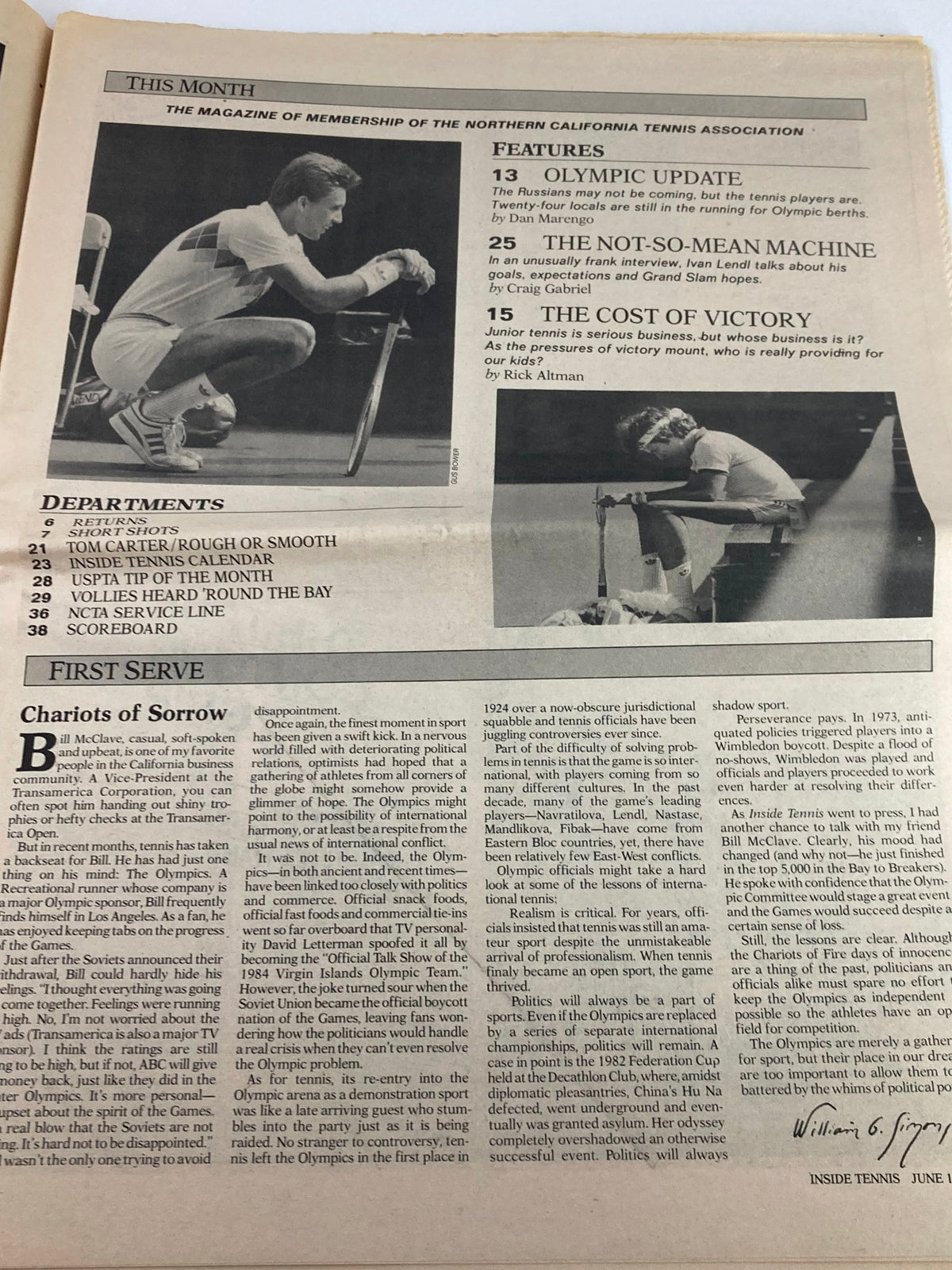 Interior page of Inside Tennis Magazine June 1984 showcasing articles including Olympic Update and The Not-So-Mean Machine, discussing tennis and Ivan Lendl.