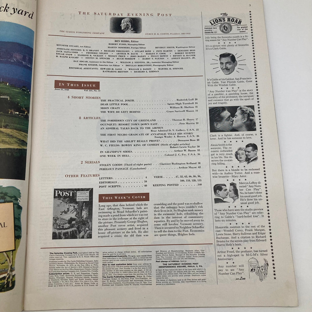 Inside page of the Saturday Evening Post Magazine June 25 1949 showing articles listed, including short stories and features, highlighting the editorial content.
