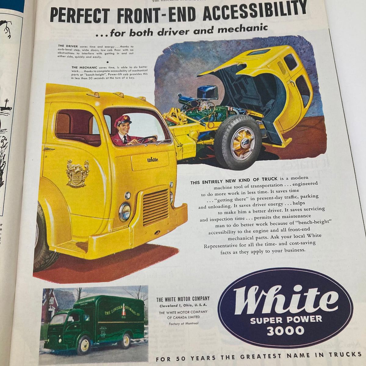 Advertisement for White Super Power 3000 trucks featured in the Saturday Evening Post Magazine June 25 1949, illustrating the truck design and its features.