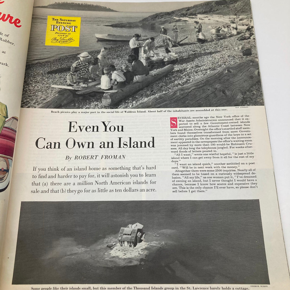 Article page titled 'Even You Can Own an Island' in Saturday Evening Post Magazine from July 30, 1949, featuring imagery of a beach picnic.