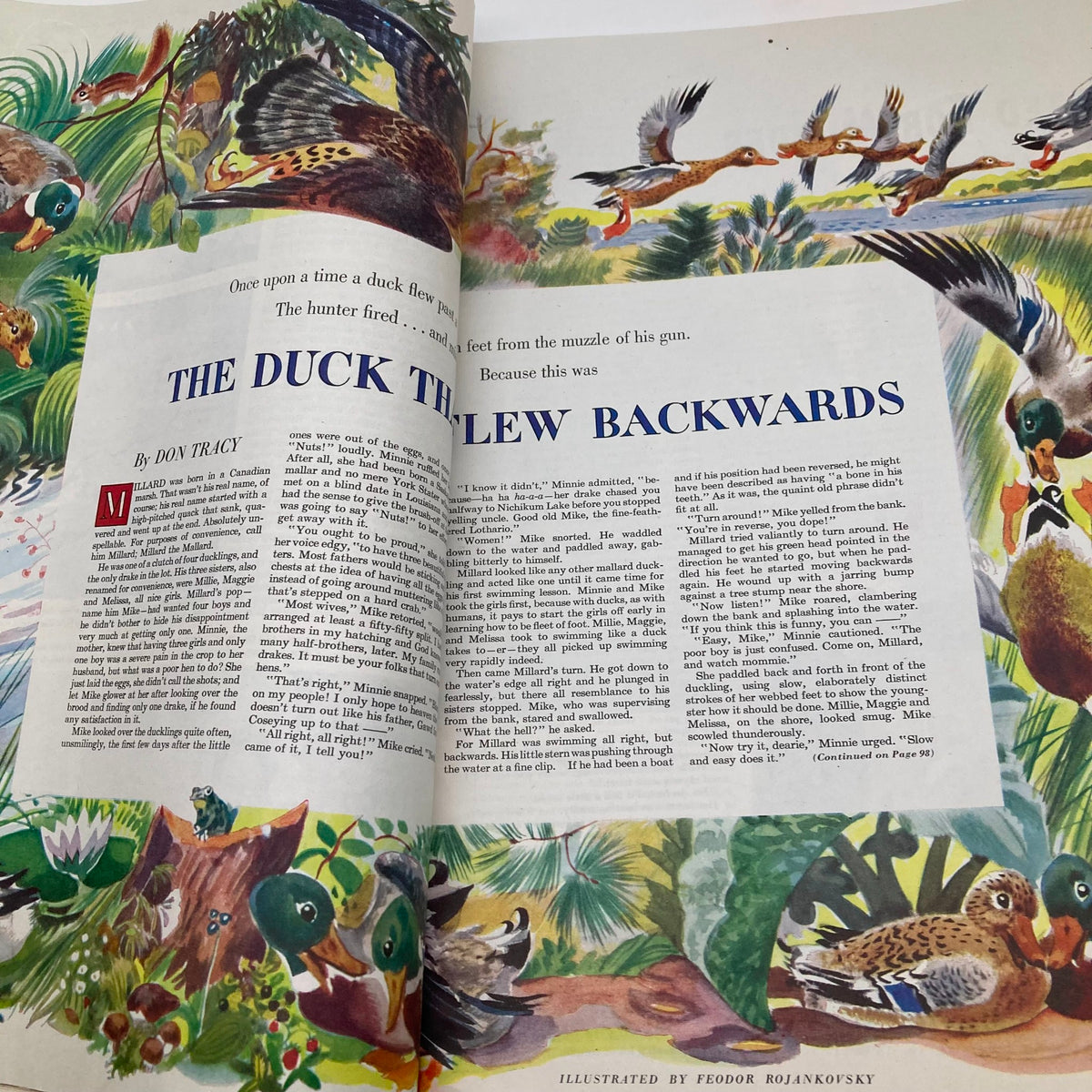 Inside pages featuring 'The Duck That Flew Backwards' by Don Tracy, from Saturday Evening Post Magazine August 27 1949, showcasing vintage illustrations and storytelling.