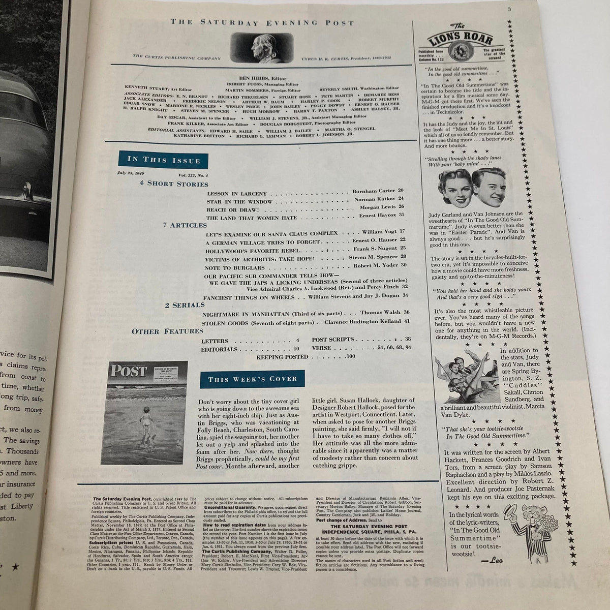 Interior page of the Saturday Evening Post Magazine dated July 23, 1949, displaying the contents and highlights of the issue.