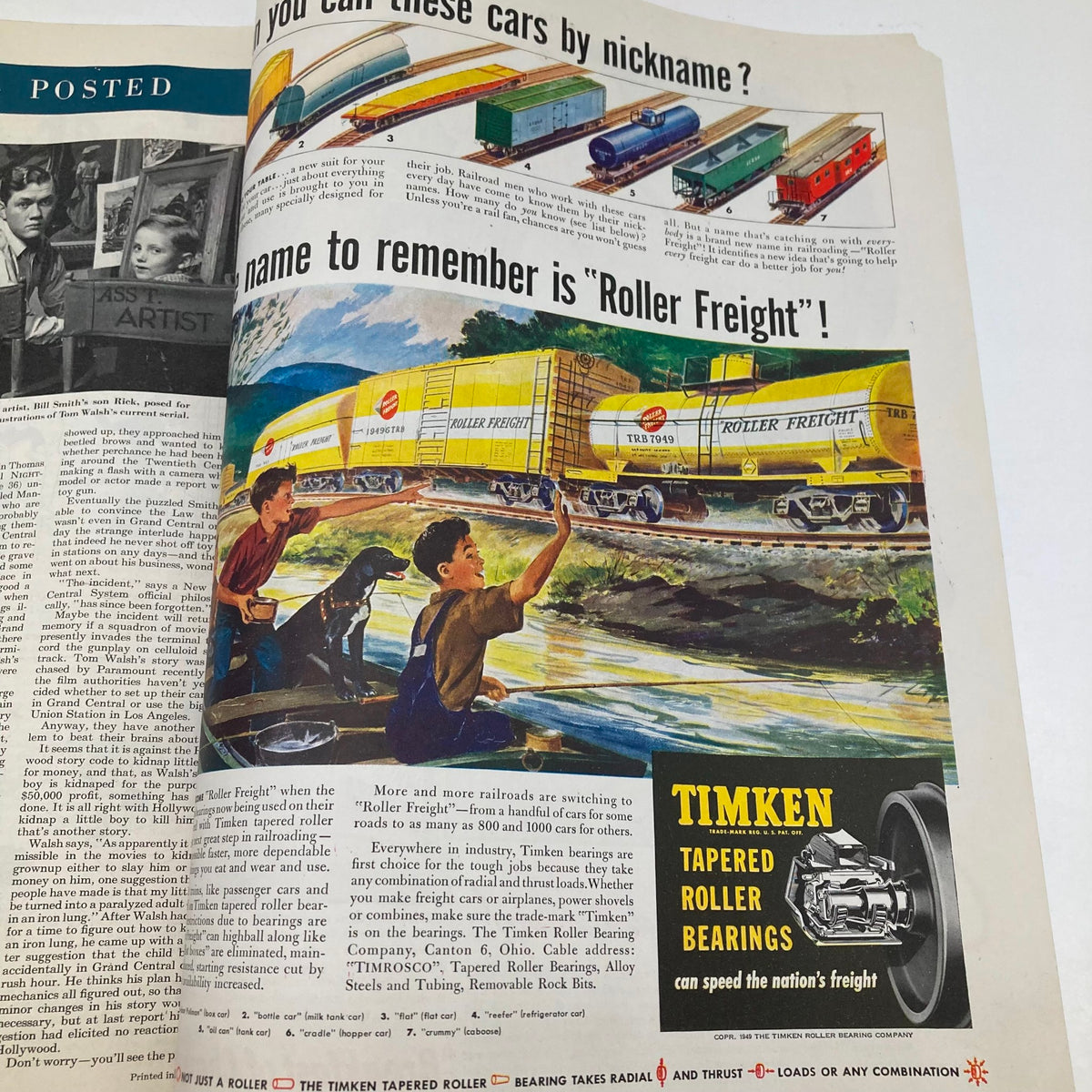 Illustration from the Saturday Evening Post Magazine July 23 1949, highlighting the 'Roller Freight' advertising with colorful trains and children, demonstrating mid-20th century American railway themes.