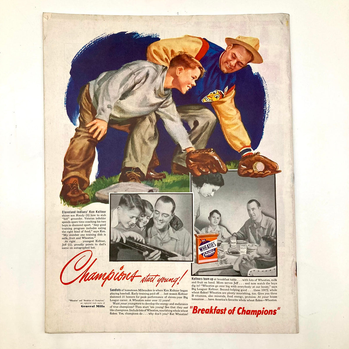 Advertisement from the Saturday Evening Post Magazine July 23 1949 featuring Cleveland Indians baseball player Ken Keltner, promoting Wheaties cereal with a nostalgic depiction of youth and sports.
