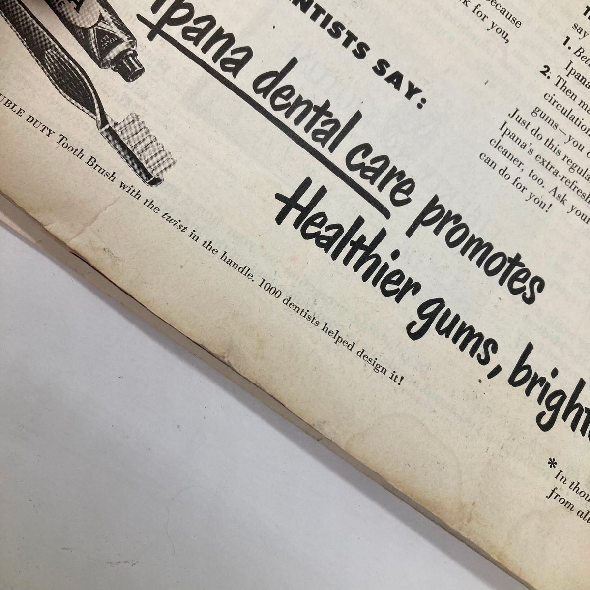 Close-up of an advertisement in the Saturday Evening Post Magazine February 5, 1949 emphasizing dental hygiene, showcasing retro advertising style.