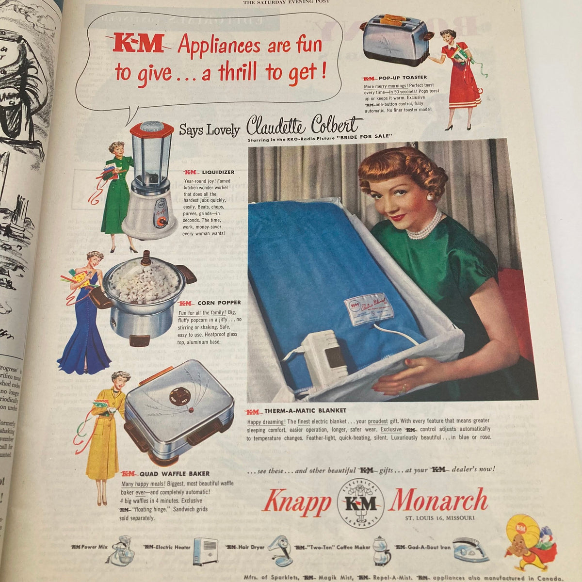 Advertisement from the Saturday Evening Post Magazine December 10 1949, featuring K-M appliances with Claudette Colbert promoting products such as a Liquifier, Corn Popper, and Therm-A-Matic Blanket.