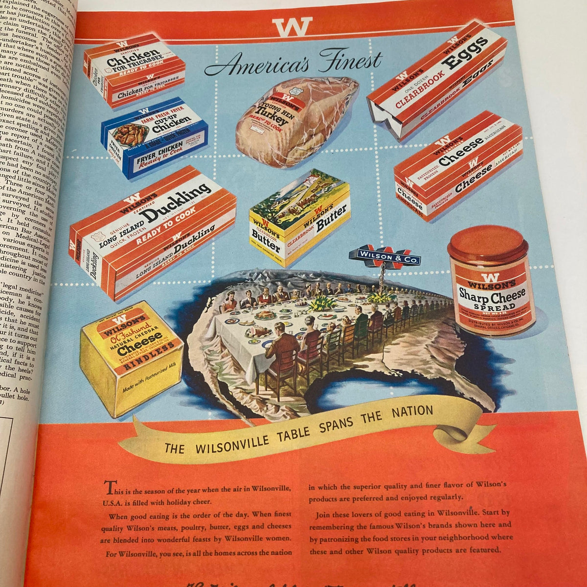 Wilson & Co. advertisement in the Saturday Evening Post Magazine December 10 1949, showcasing a selection of food products including cheese, butter, turkey, and more, emphasizing quality.