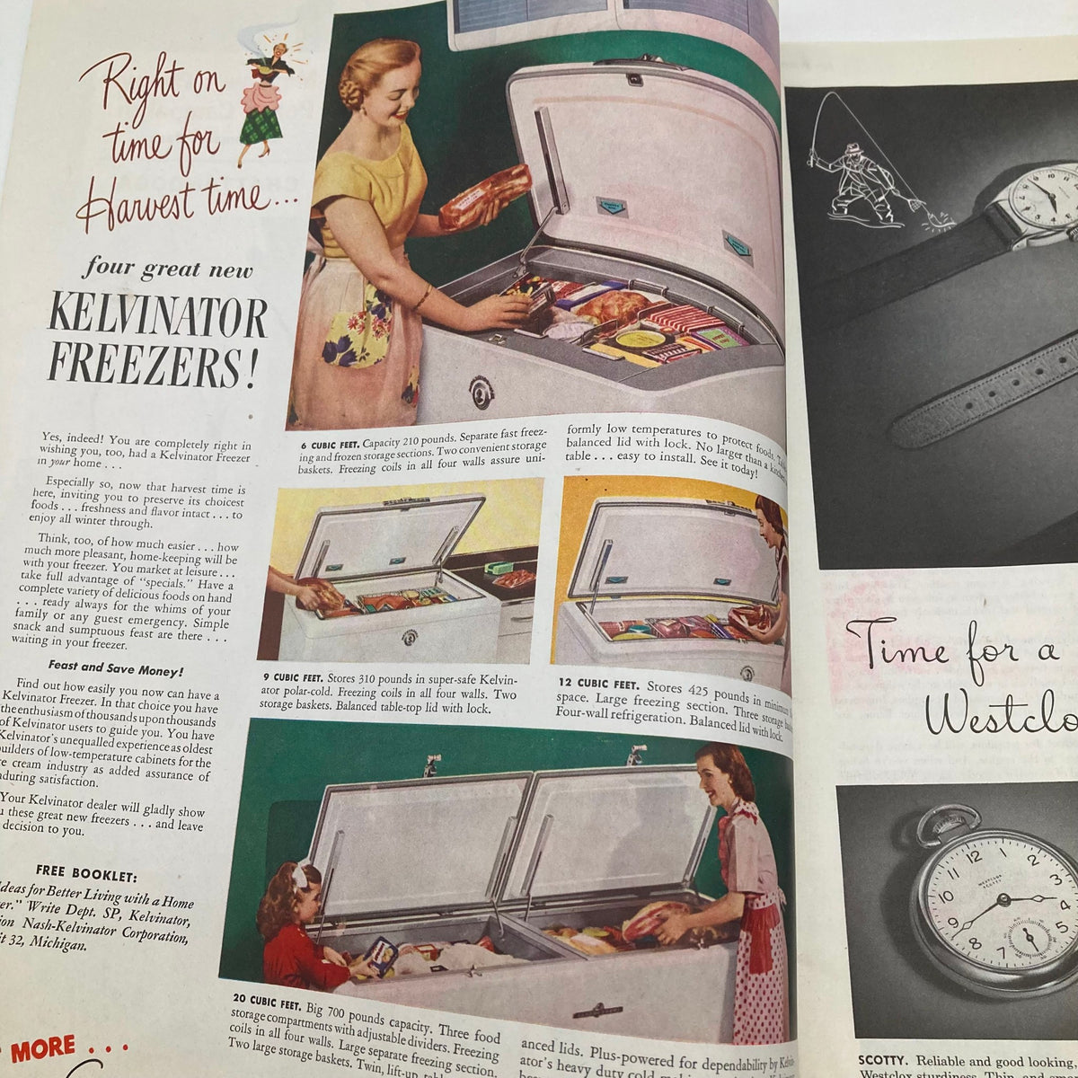 Advertisement for Kelvinator Freezers from the Saturday Evening Post Magazine July 30, 1949 showing women using the freezer.