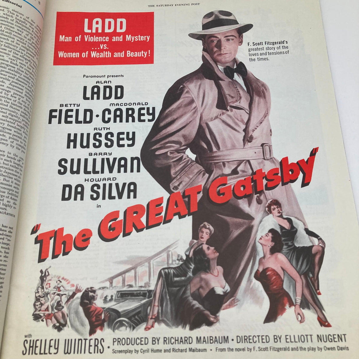 Movie advertisement for 'The Great Gatsby' featuring Alan Ladd in the Saturday Evening Post Magazine July 30, 1949.