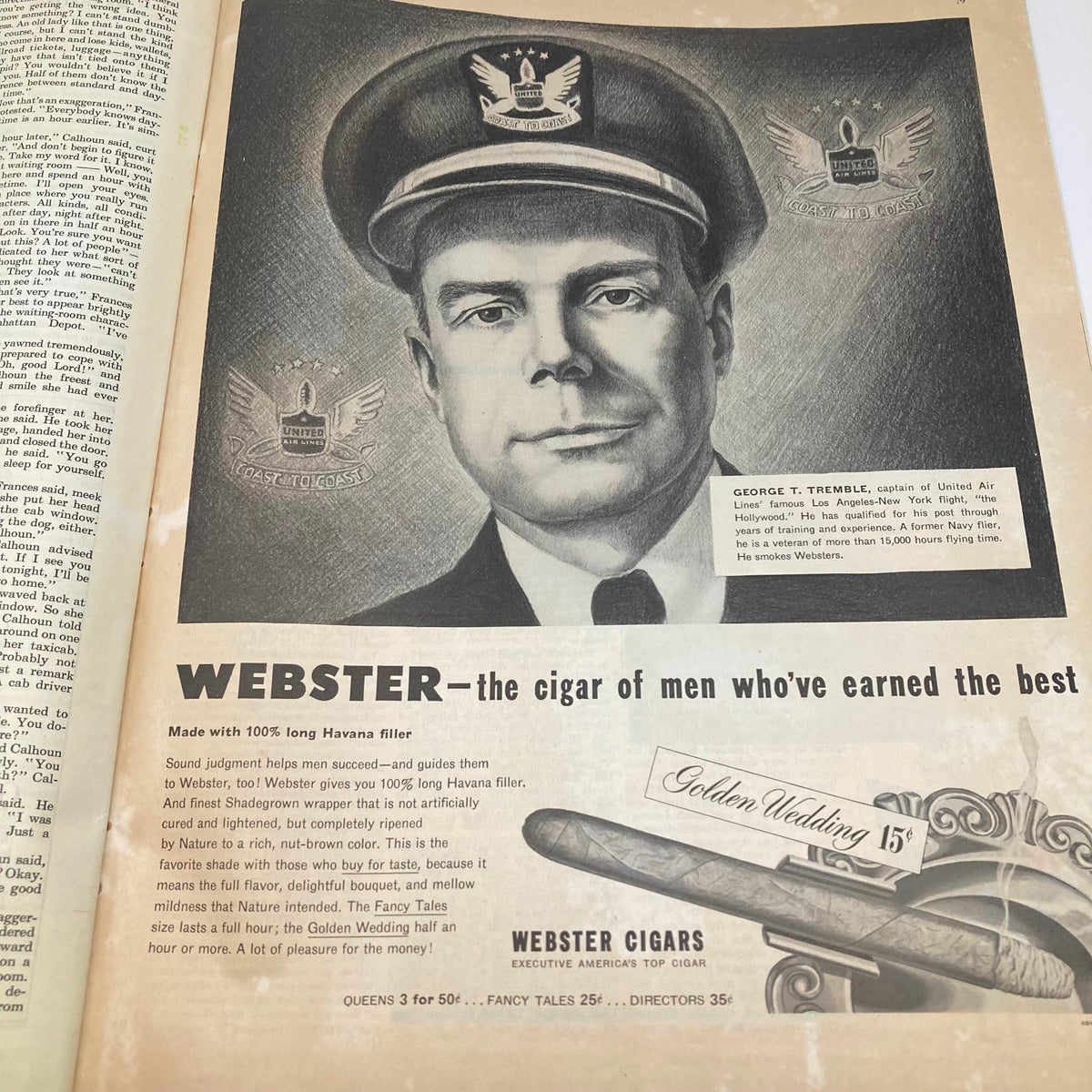 Saturday Evening Post Magazine July 30, 1949 advertisement page for Webster cigars featuring a portrait of George T. Tremble, captain of United Air Lines.