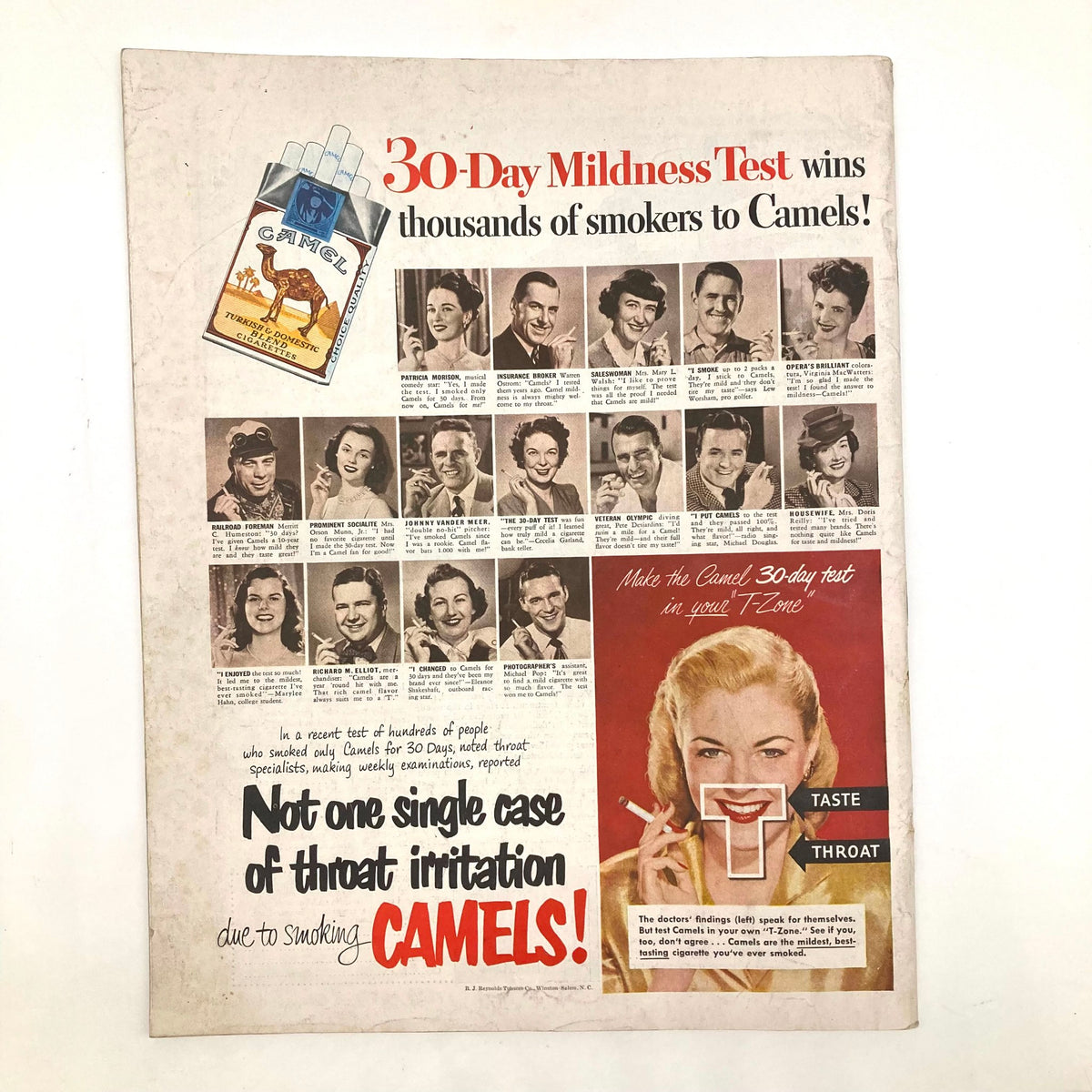 Saturday Evening Post Magazine July 30, 1949 advertisement page for Camel cigarettes showcasing a 30-Day Mildness Test with various smiling individuals.