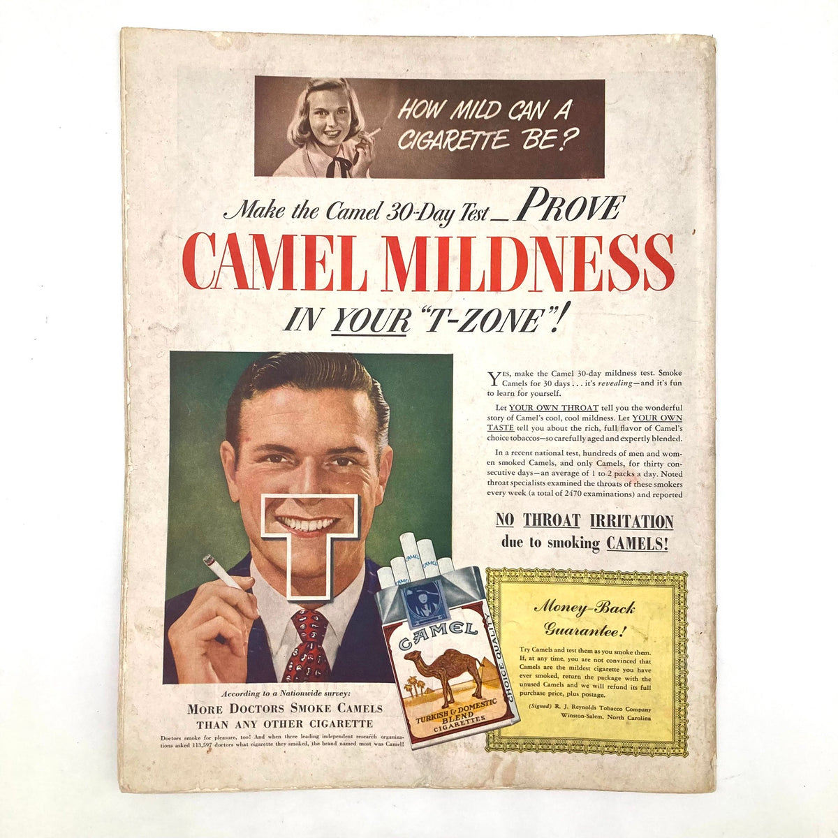 Camel Cigarettes advertisement in the Saturday Evening Post Magazine, January 22, 1949, promoting 'Camel Mildness' with a smiling man and a pack of cigarettes.