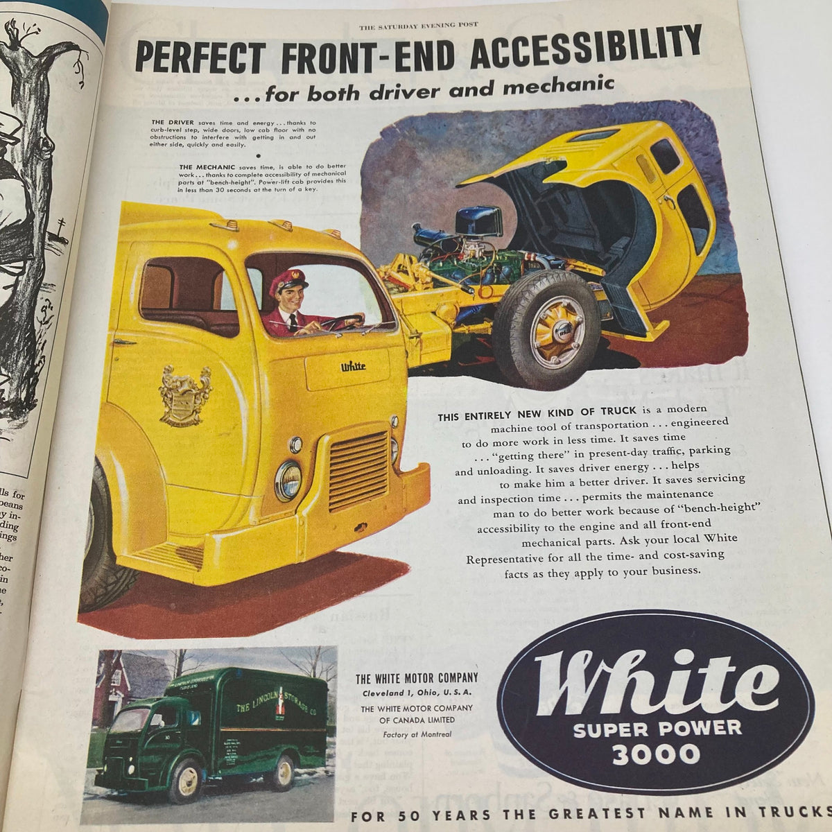 Advertisement for White Motor Company trucks, included in the Saturday Evening Post Magazine dated June 25, 1949, highlighting a yellow delivery truck.