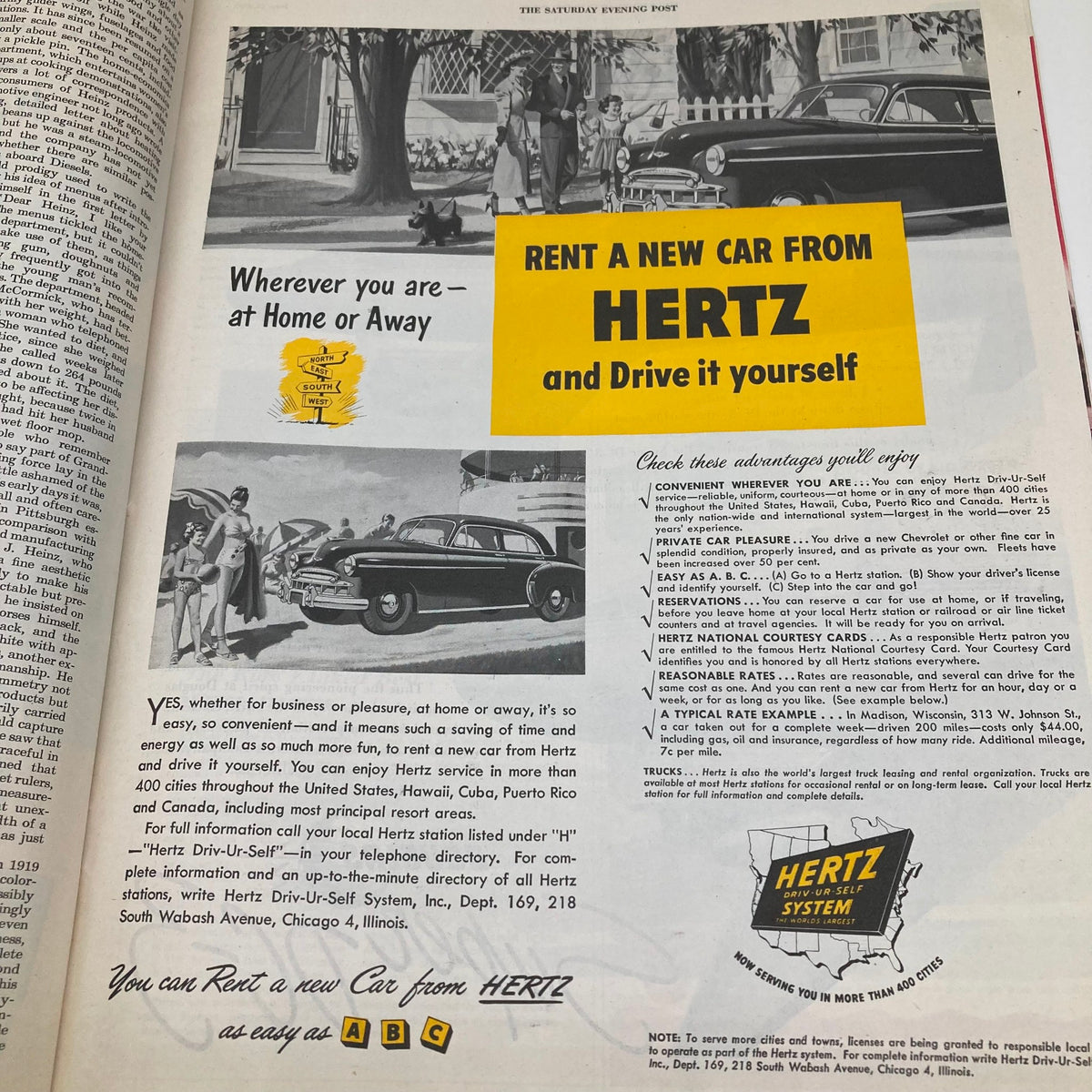 Advertisement for Hertz rental cars featured in Saturday Evening Post Magazine June 25 1949, showcasing the convenience of renting cars at home or away.