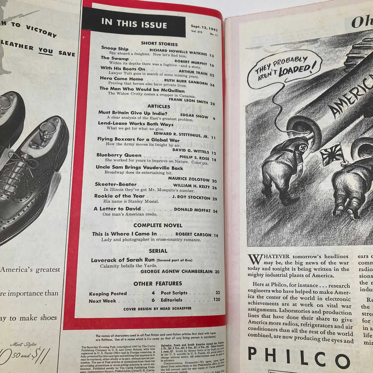 Interior page of the Saturday Evening Post Magazine September 12 1942 featuring a list of articles and stories, including a cover design by Mead Schaeffer.