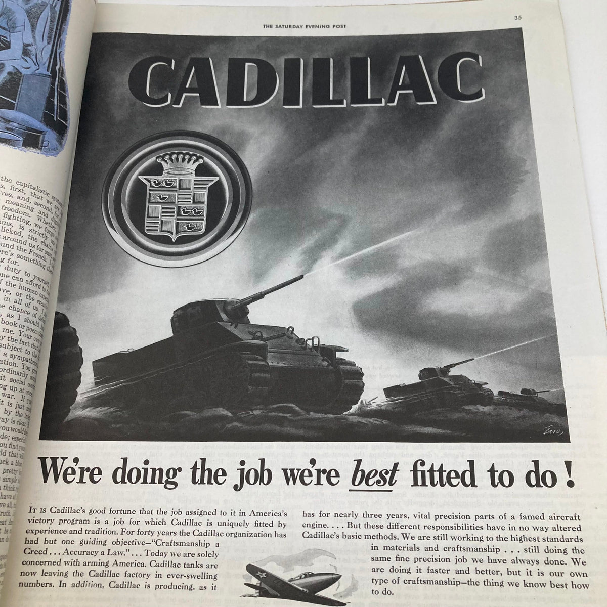 Advertisement page in the Saturday Evening Post Magazine September 12 1942 showcasing Cadillac's role in America's war efforts with a focus on precision craftsmanship.