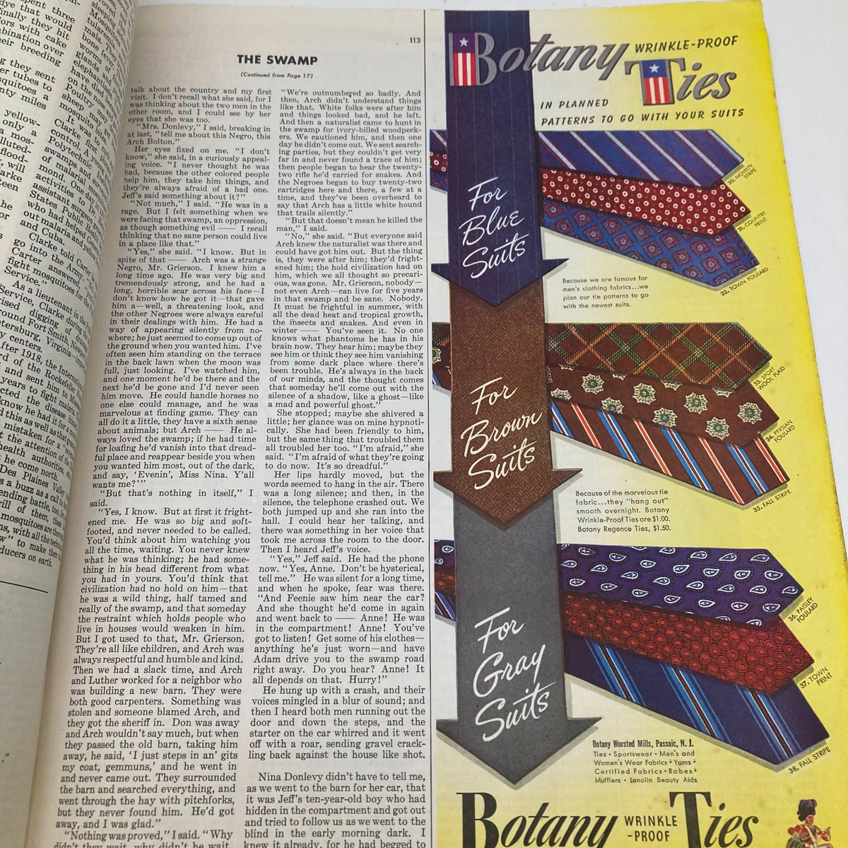 Interior page from the Saturday Evening Post Magazine September 12 1942, featuring a story titled 'The Swamp' with an advertisement for Botany ties for suits.