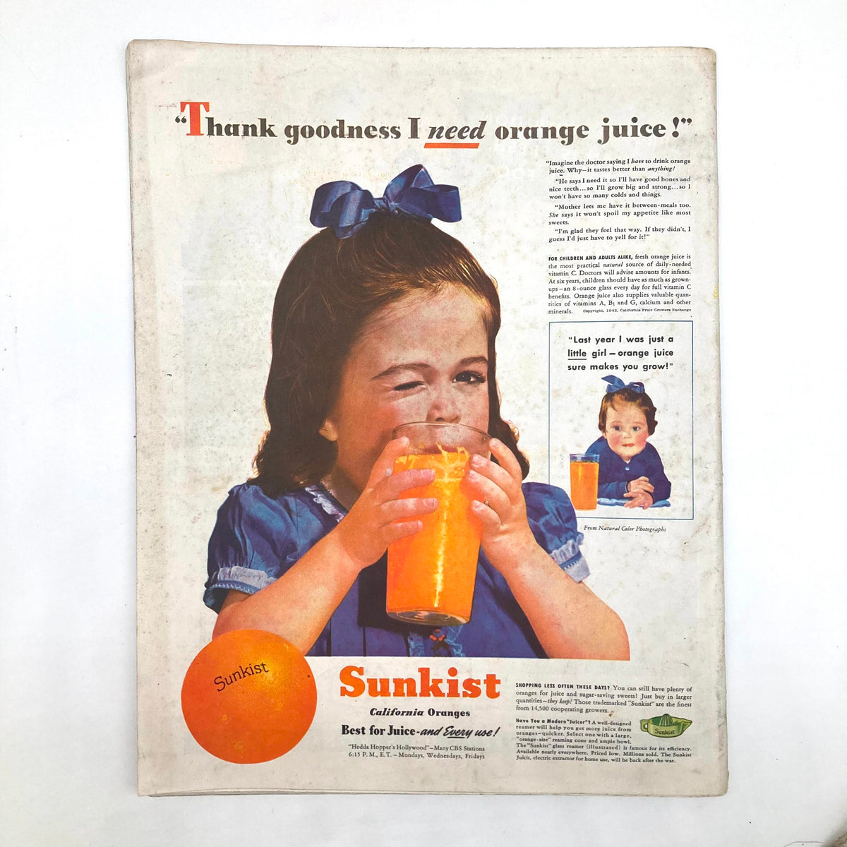 Back cover of the Saturday Evening Post Magazine September 12 1942, showcasing a vintage Sunkist orange juice advertisement featuring a young girl drinking juice.