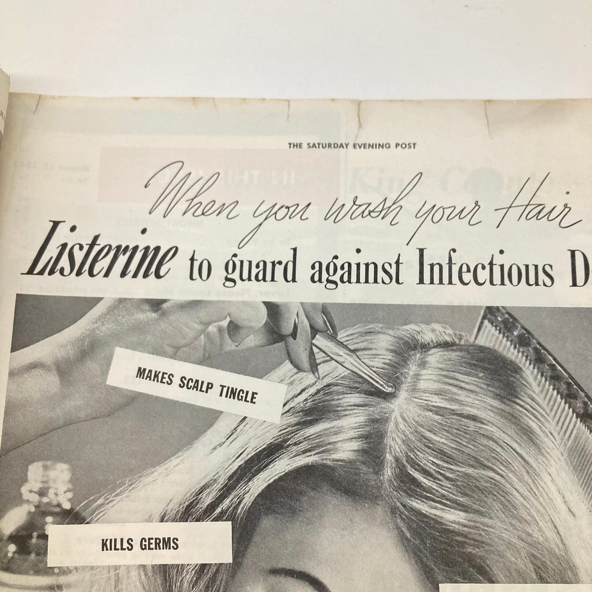 Listerine advertisement in Saturday Evening Post Magazine August 15 1942, showcasing hair care benefits with a woman getting her hair styled.