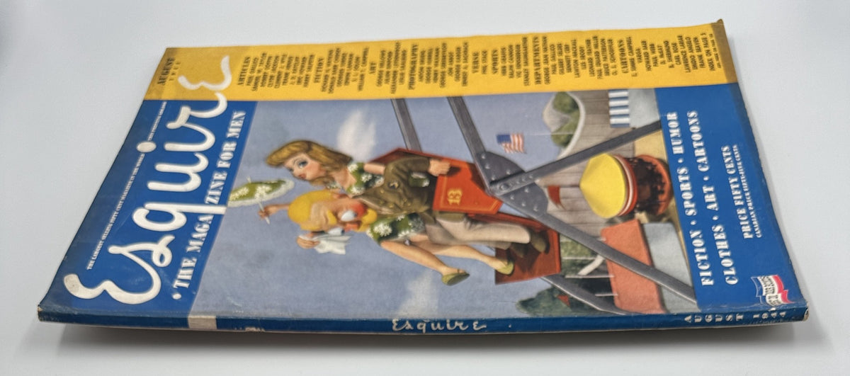 Esquire Magazine August 1944 cover with a vintage style, depicting a playful scene of a woman and a child on a swing, alongside the magazine title and content highlights.