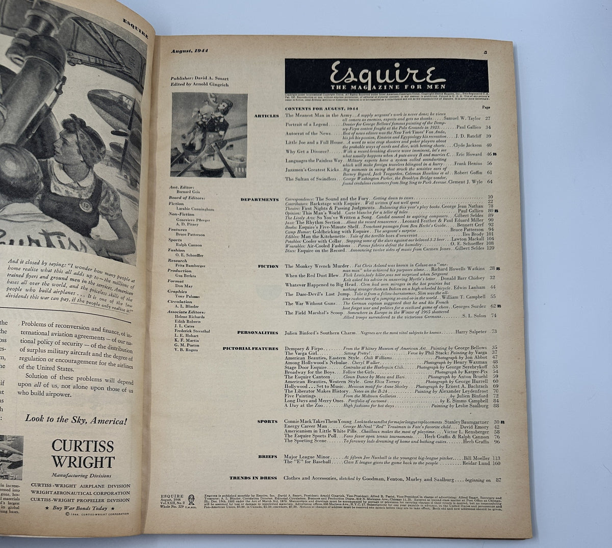 Inside page of Esquire Magazine August 1944 displaying the table of contents, featuring article titles and contributions from various writers, emphasizing the magazine's focus on entertainment and culture.