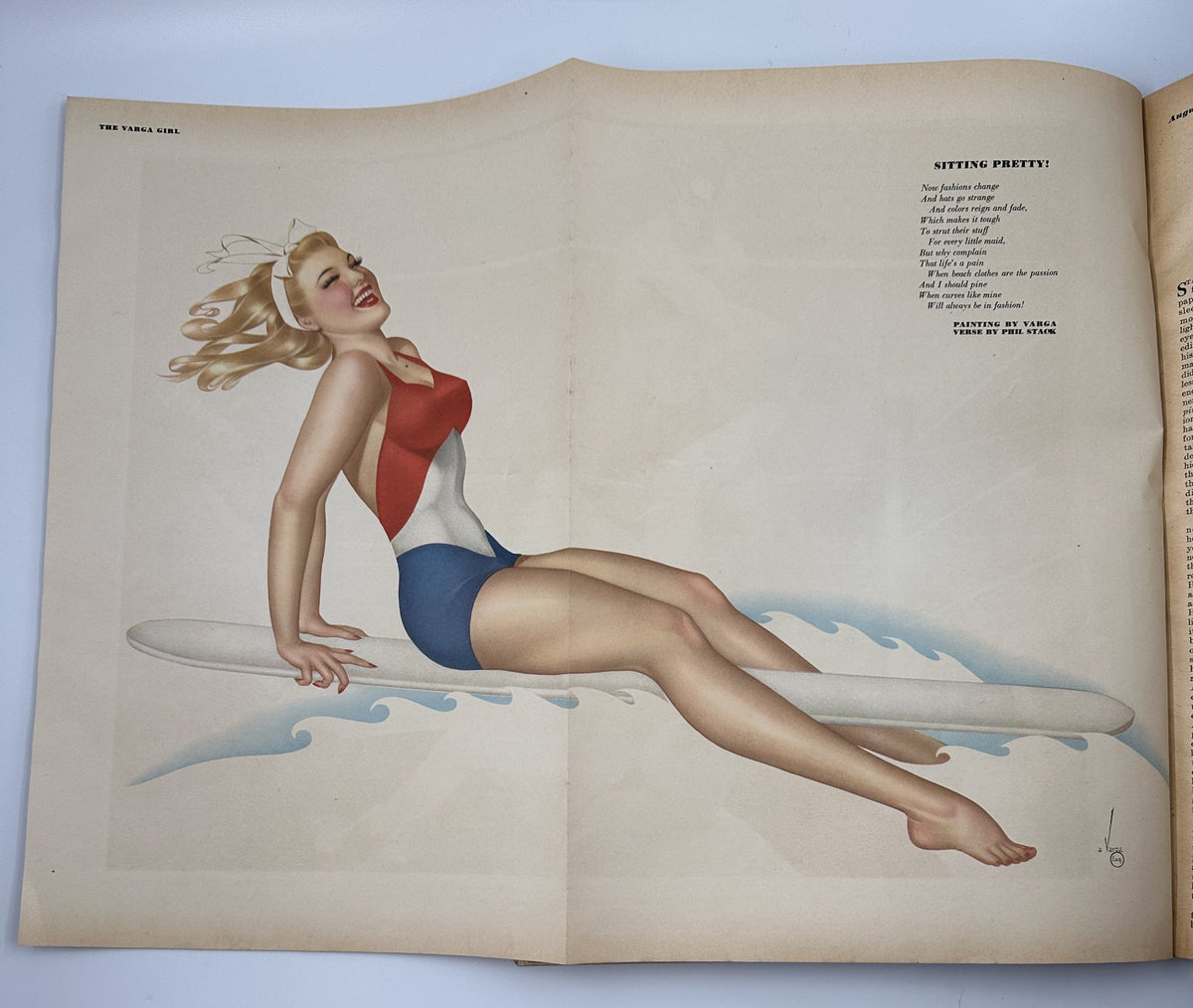 Varga Girl illustration from Esquire Magazine August 1944, showcasing a pinup style image of a woman in a swimsuit lying on a surfboard, highlighting the artistic style of the era.