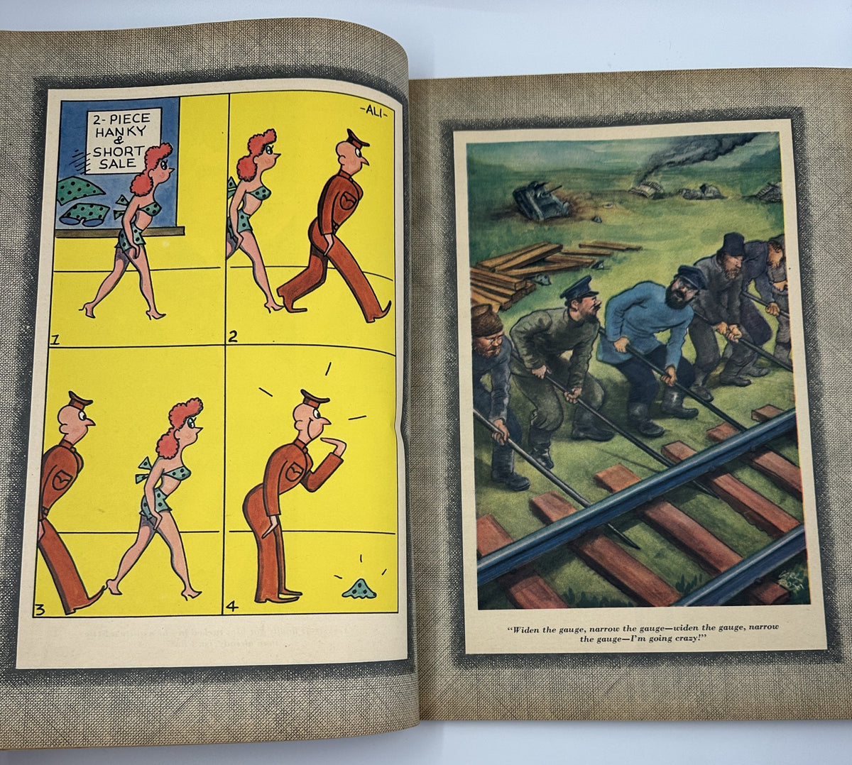 An interior spread from Esquire Magazine August 1944 featuring cartoons and illustrated panels, combining humor and commentary in a vintage publication layout.