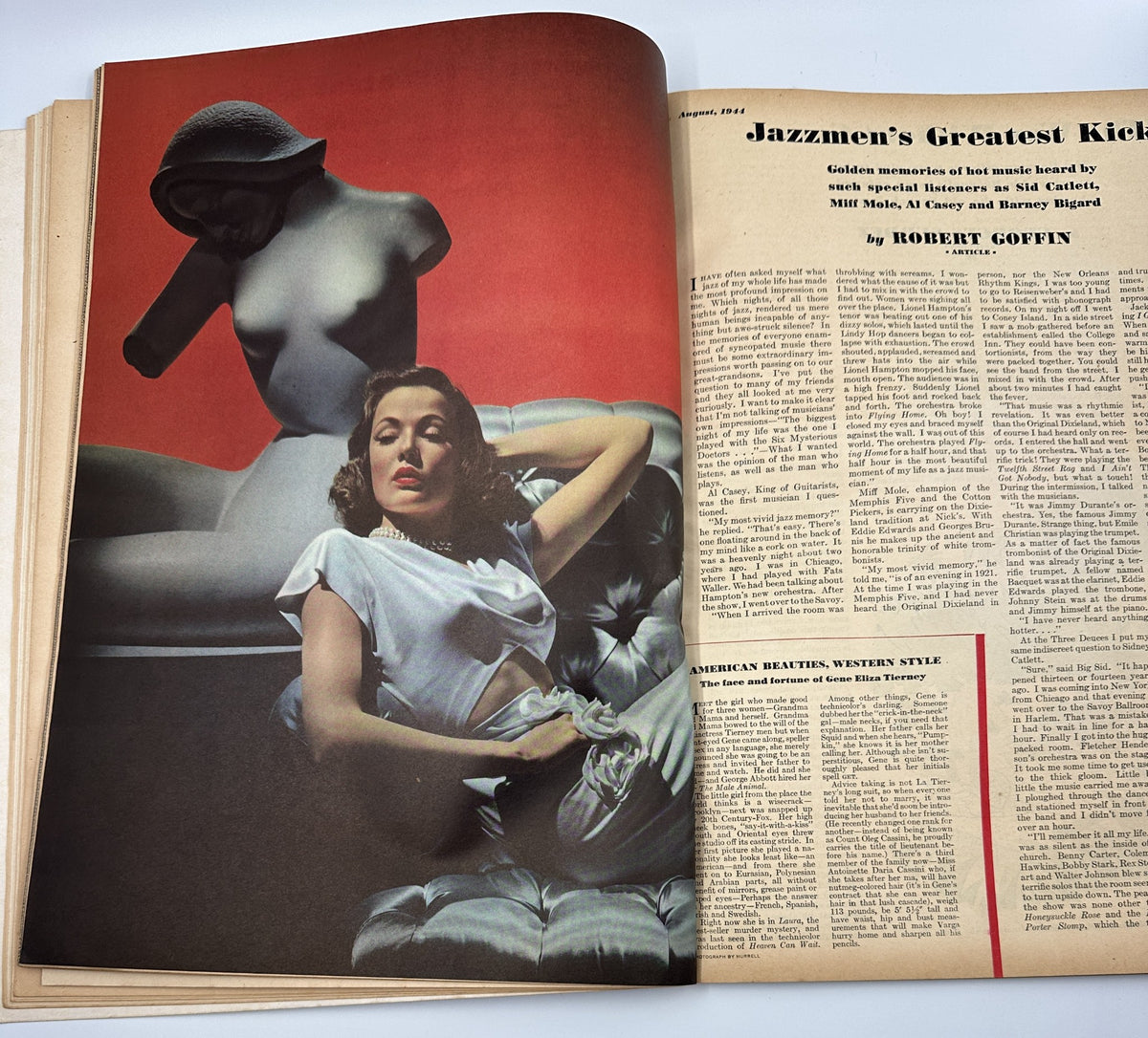 Esquire Magazine August 1944 presents an elegant image of a glamorous woman lounging beside a mannequin, highlighting themes in the article 'Jazzmen's Greatest Kicks' with a sophisticated aesthetic.