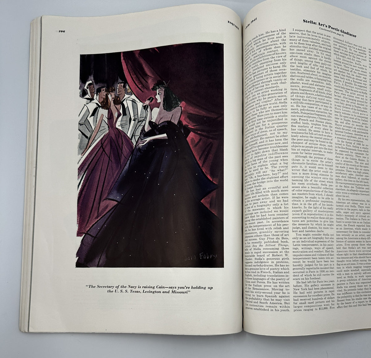 Page from Esquire Magazine July 1941 featuring an elegant illustration of a woman in a glamorous dress at an event, highlighting fashion and cultural commentary in the magazine at that time.