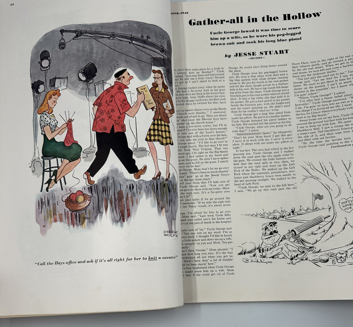 Illustration depicting a humorous scene with characters in Esquire Magazine February 1942, emphasizing the magazine's blend of satire and lifestyle content.