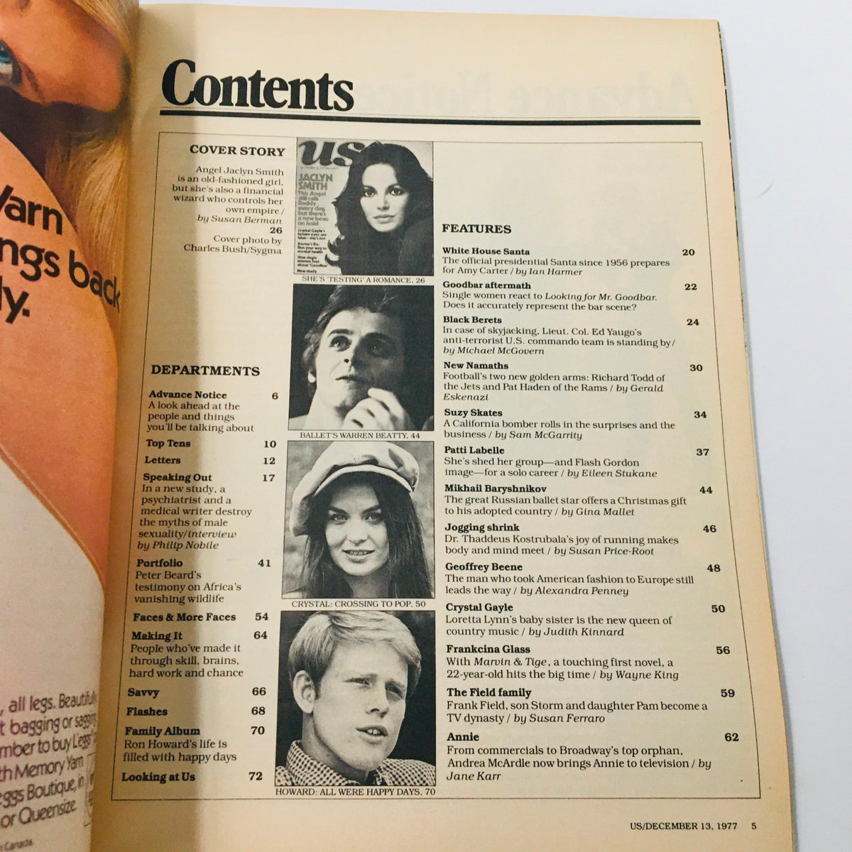 Table of contents from VTG US Magazine December 13 1977 featuring articles on Jaclyn Smith, Warren Beatty, and Crystal Gale, highlighting vintage pop culture insights.