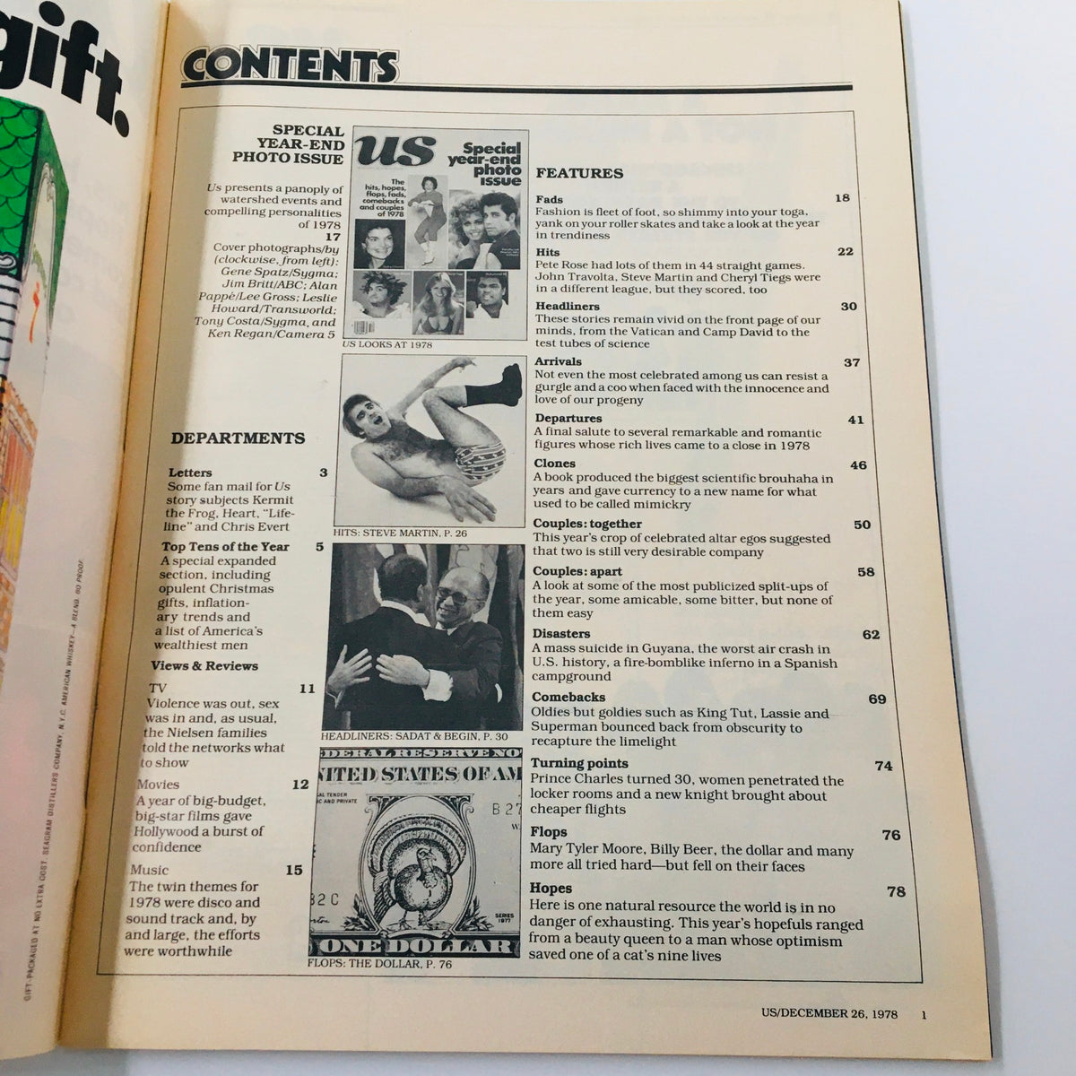 Contents page of Vintage US Magazine from December 26, 1978 featuring articles and features related to pop culture, including mentions of John Travolta and Olivia Newton-John.