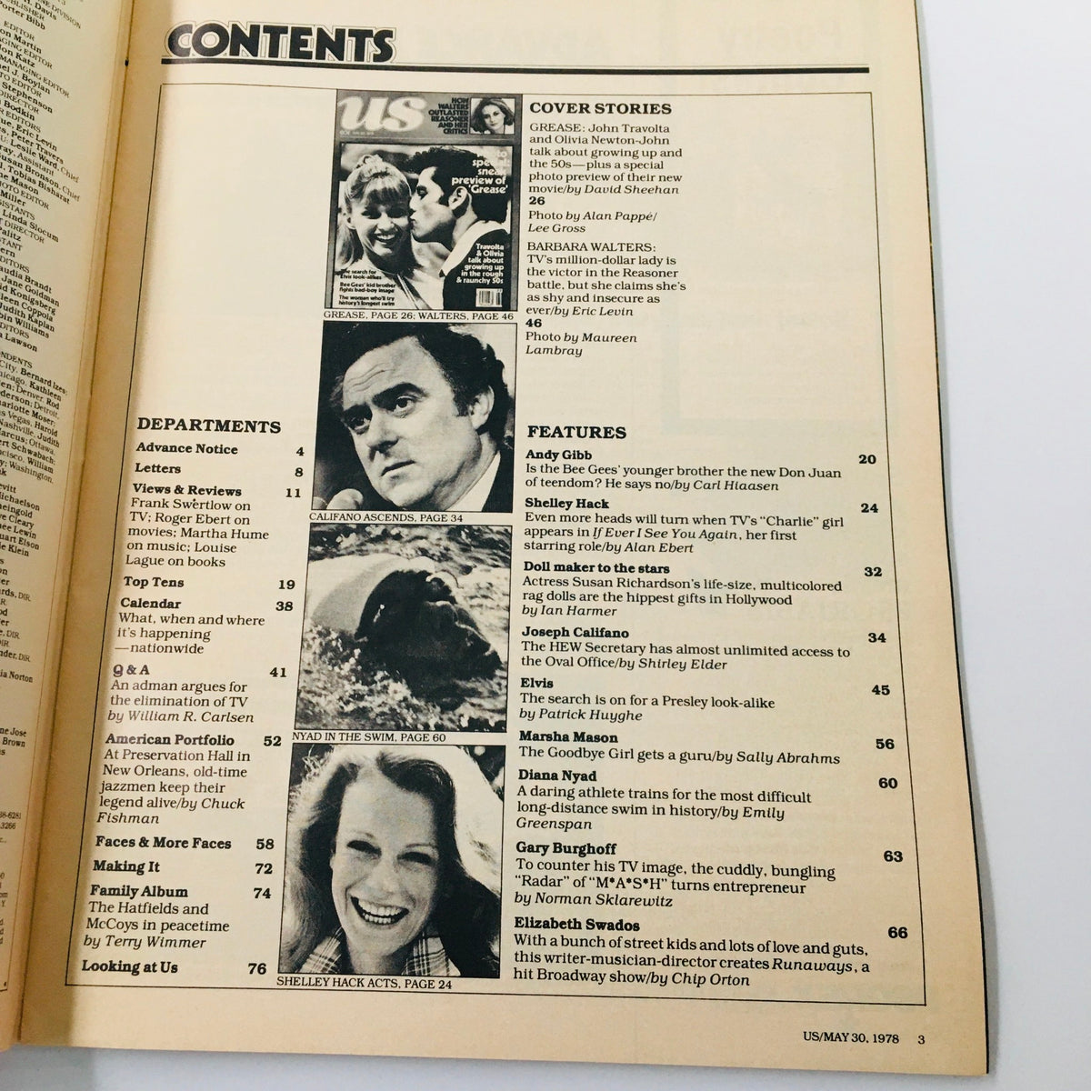 Contents page of the Vintage US Magazine from May 30, 1978 showcasing featured articles, including John Travolta and Olivia Newton-John discussions and other notable sections relevant to the time.