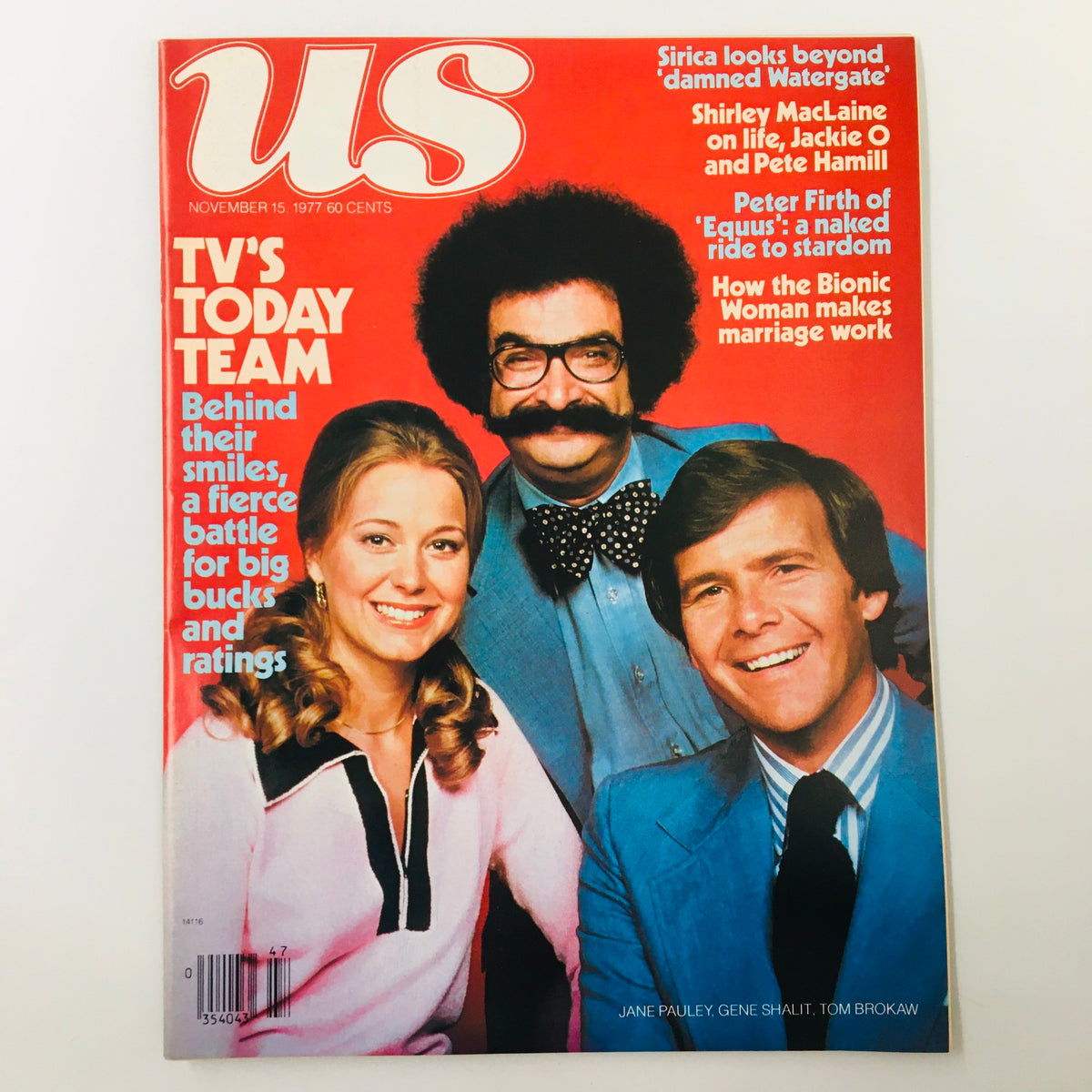 Cover of US Magazine from November 15, 1977 featuring Jane Pauley, Gene Shalit, and Tom Brokaw, highlighting the TV personalities of the era.