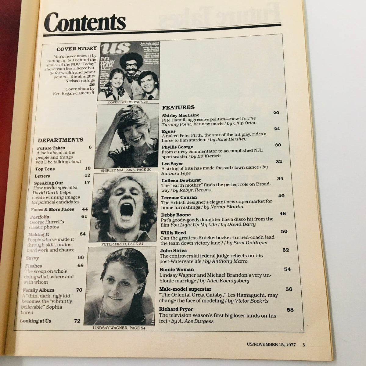 Contents page of US Magazine, November 15, 1977, showcasing articles and features including Shirley MacLaine and Peter Firth, providing insight into the magazine's content.