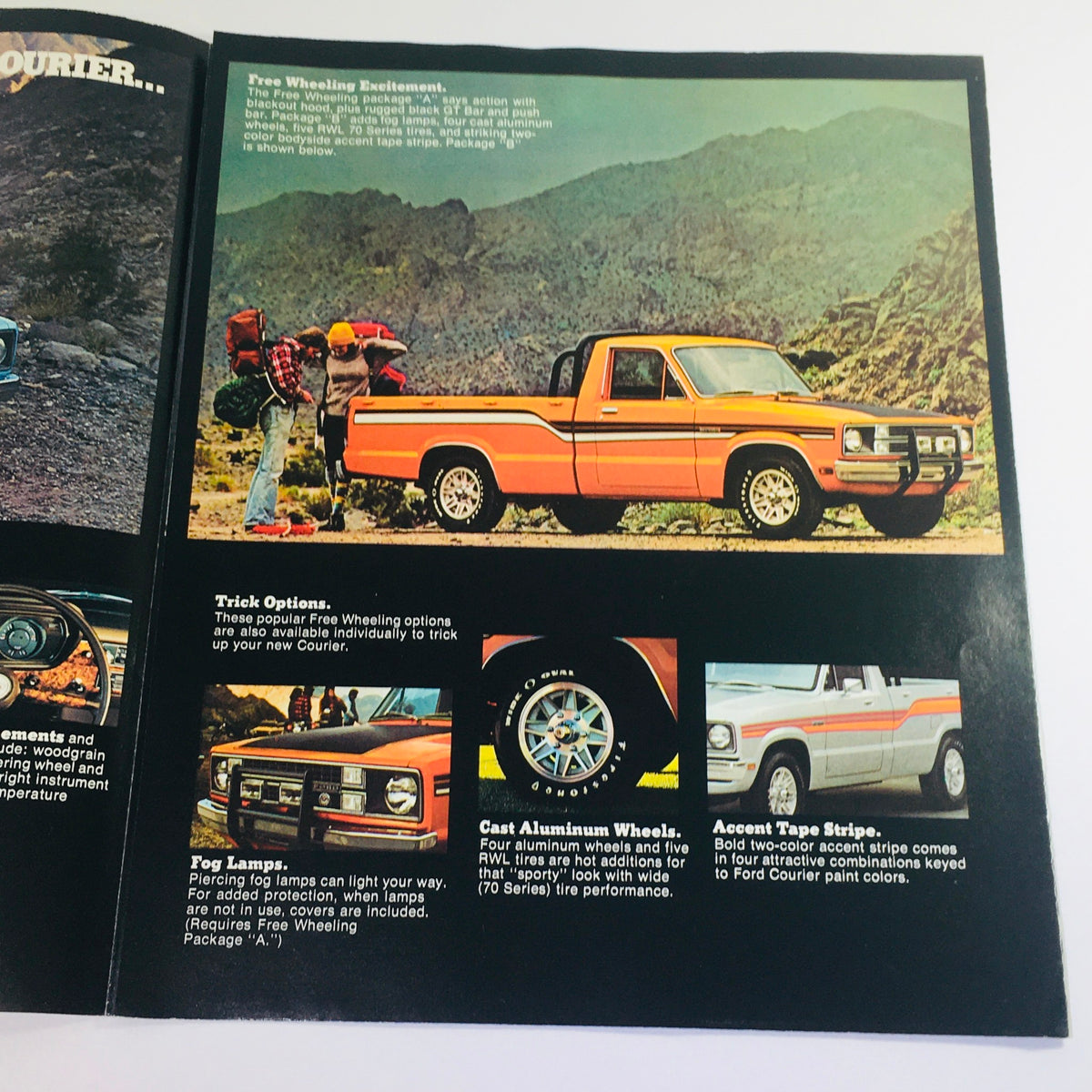 Interior page of a Vintage 1978 Ford Courier 2-Door Pick-Up brochure showcasing features like Free Wheeling packages and Trick options with detailed descriptions and illustrations.