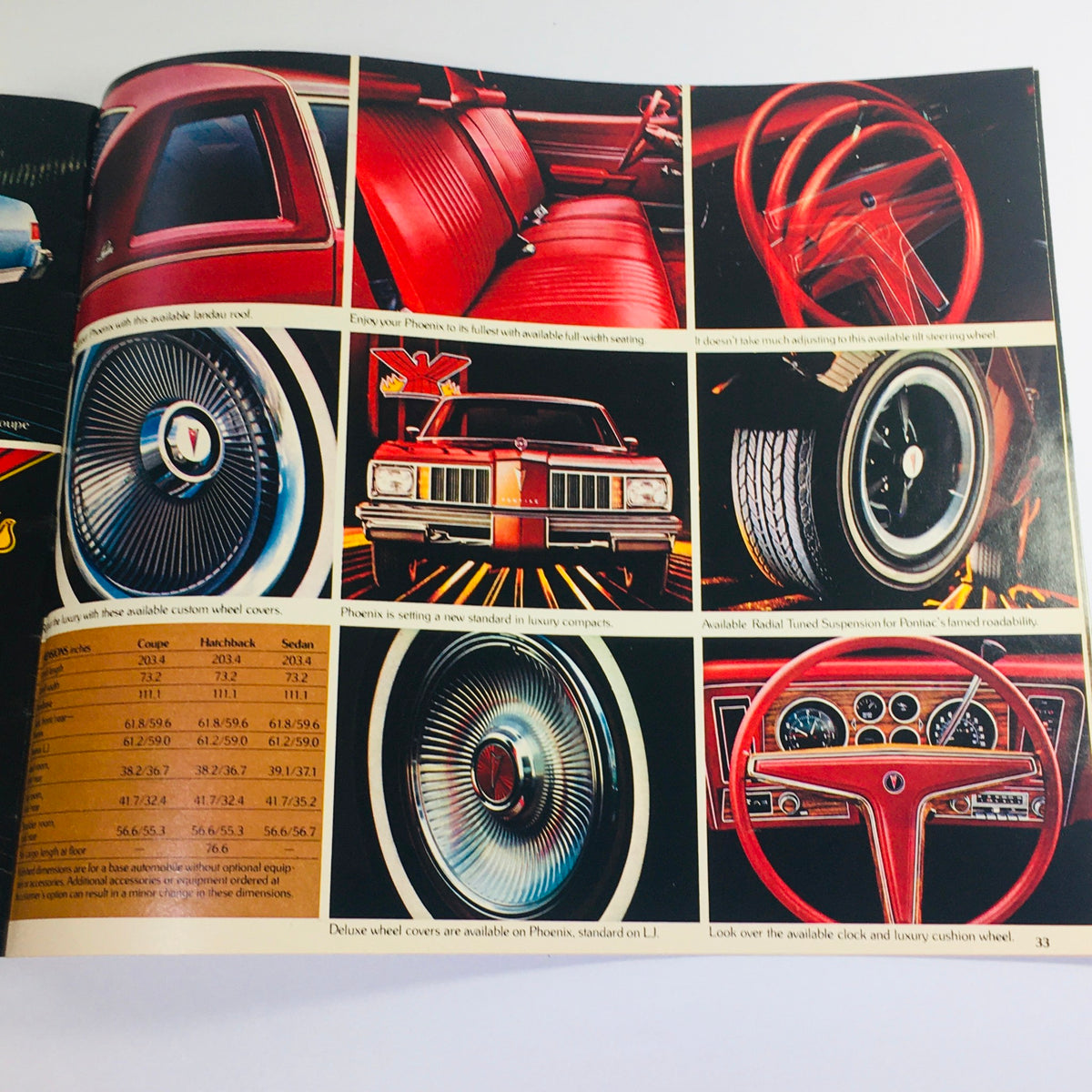 Interior styling details from the Vintage 1978 The Pontiacs brochure, highlighting luxurious red seat upholstery and dashboard designs.