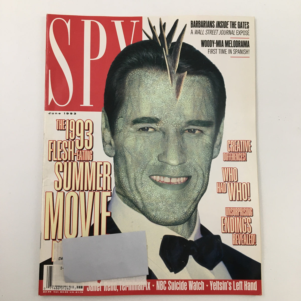 Cover of Spy Magazine, June 1993, featuring a stylized image of Arnold Schwarzenegger with a unique artistic design. The issue discusses celebrity drama involving Woody Allen and Mia Farrow. An iconic snapshot of 90s pop culture, highlighting humor and satire.