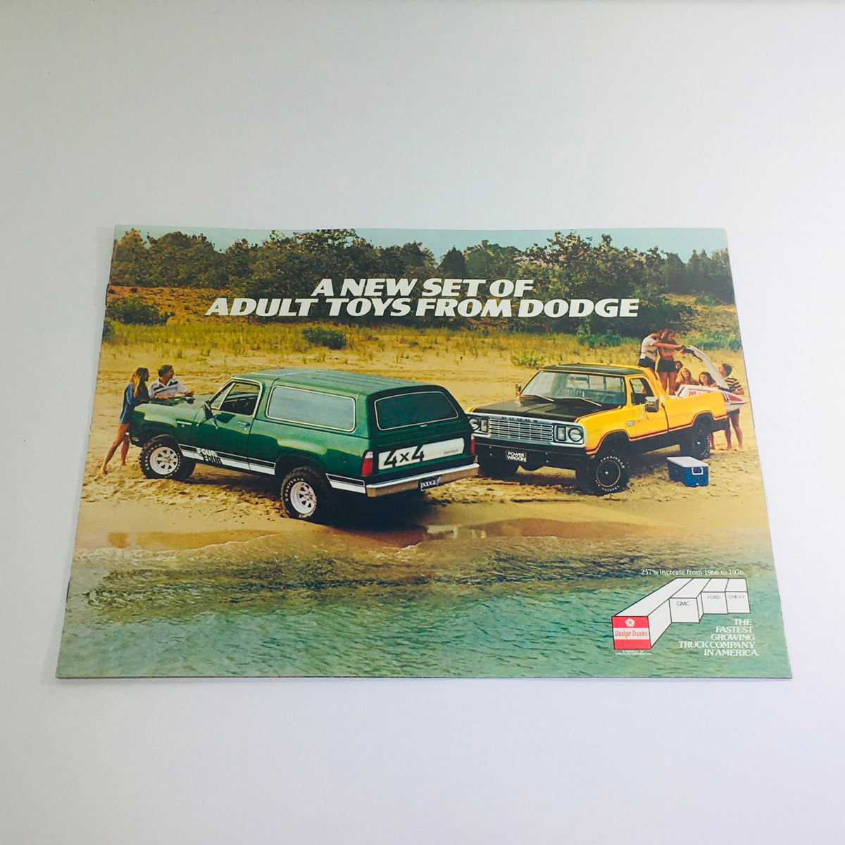 Vintage 1978 Dodge brochure cover showcasing a green SUV and a yellow pickup truck with the title 'A New Set of Adult Toys from Dodge', highlighting rugged outdoor vehicles.